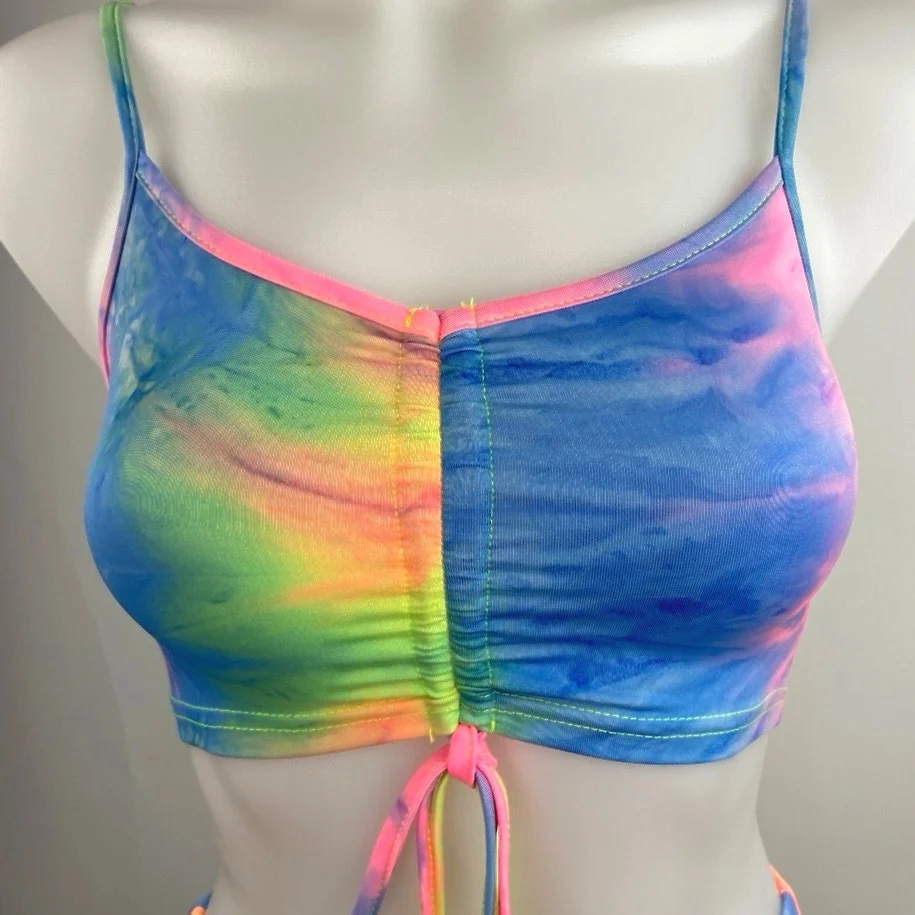 2 Piece Outfit Rainbow Tie-Dye Bodycon Spaghetti Strap Crop Top Mini Skirt Set S - Image 3