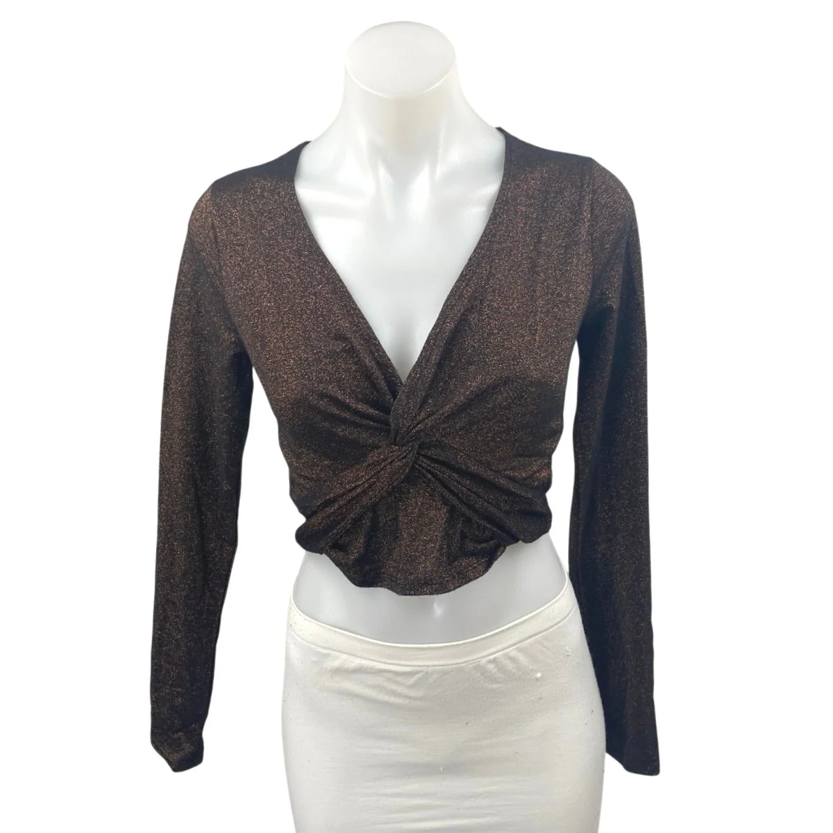 Abercrombie & Fitch Black Metallic Glitter Sparkly Long Sleeve Twist Crop Top S