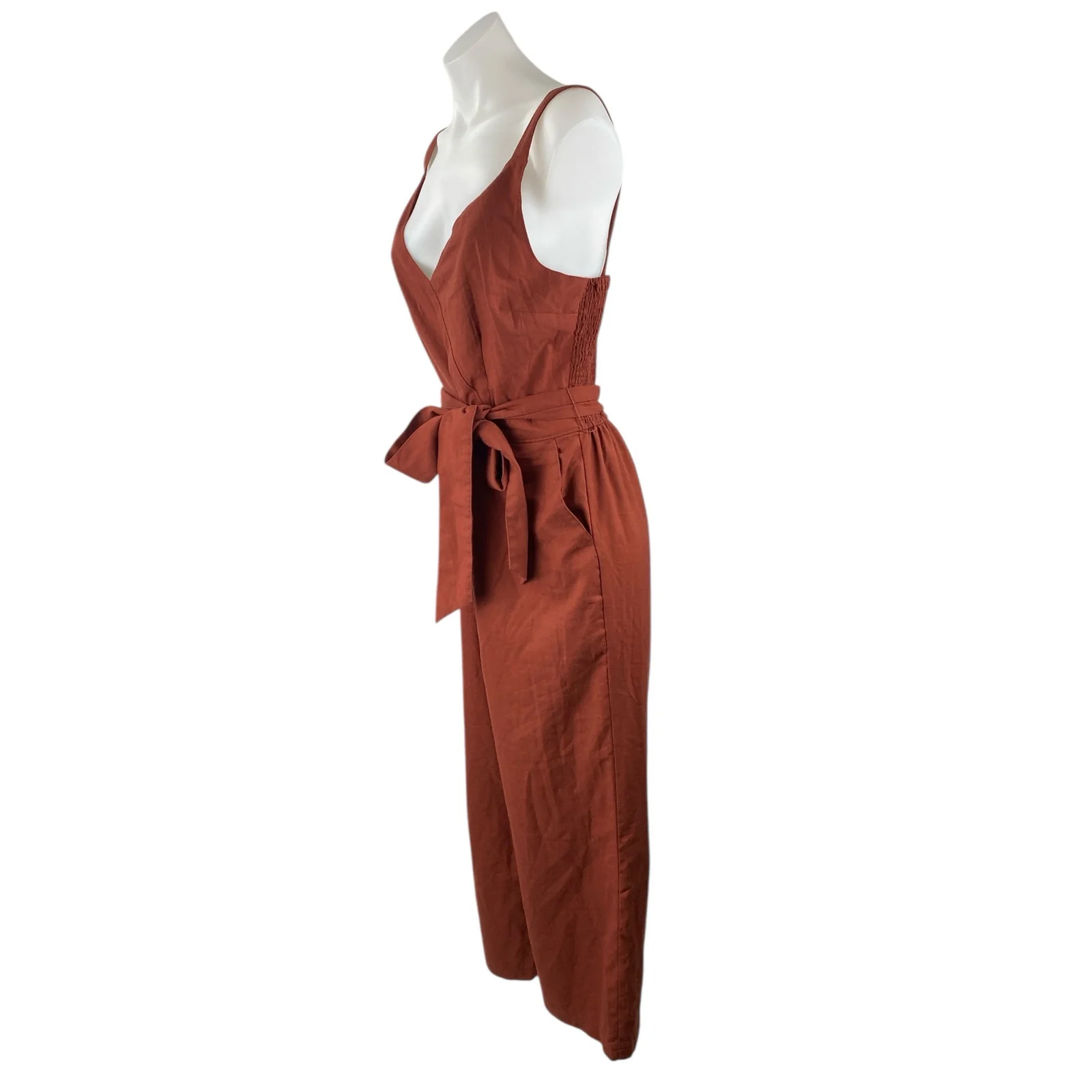 Abercrombie & Fitch Brown Sleeveless Tie Waist V Neck Wide Leg Cami Jumpsuit L - Image 3