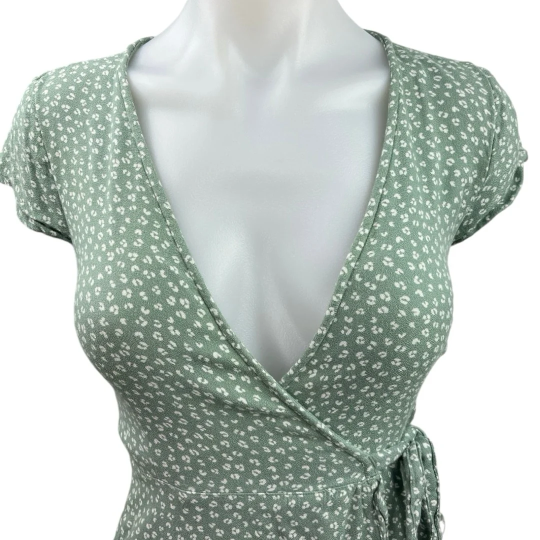 Abercrombie & Fitch Green Floral Ruffle Asymmetric V-neck Midi Wrap Dress Sz 2XS - Image 3