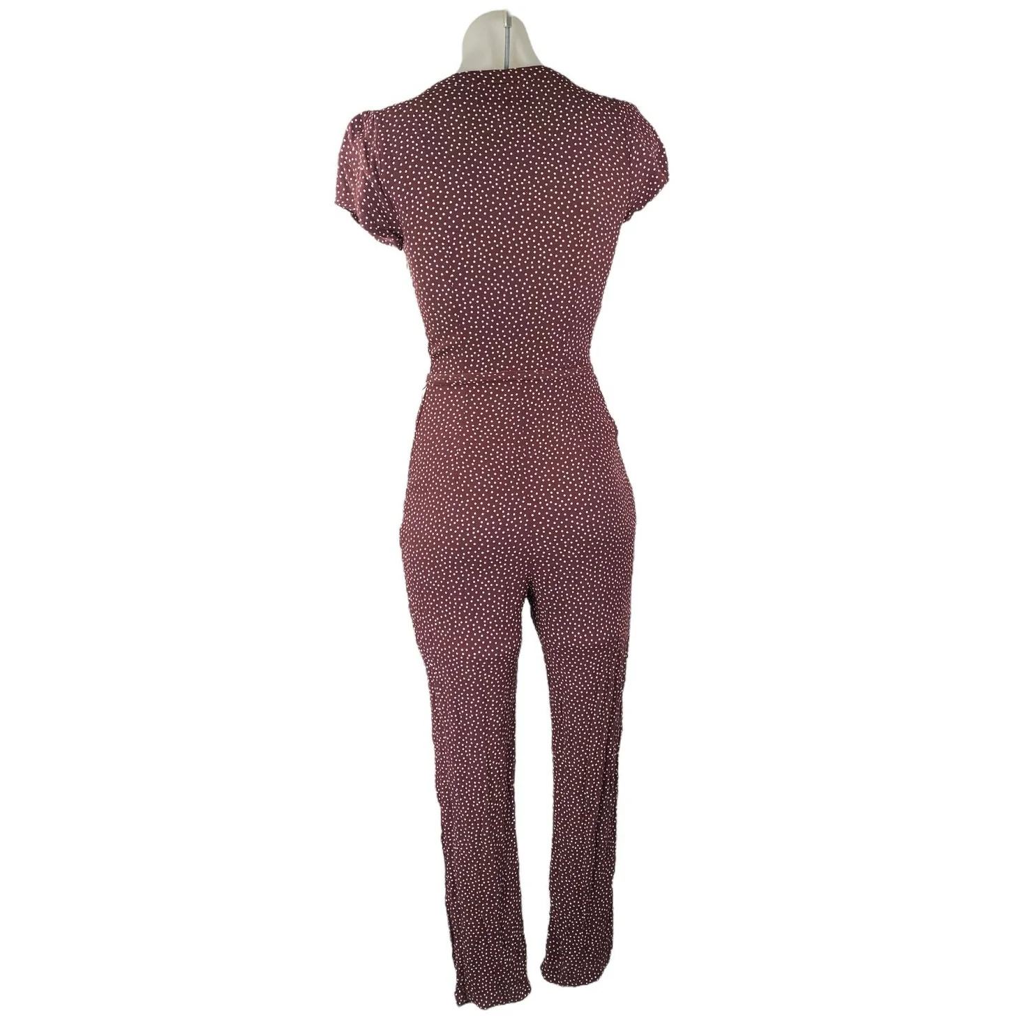Abercrombie & Fitch Maroon Brown Polka Dots Short Sleeve V Neck Jumpsuit Sz XXS - Image 2