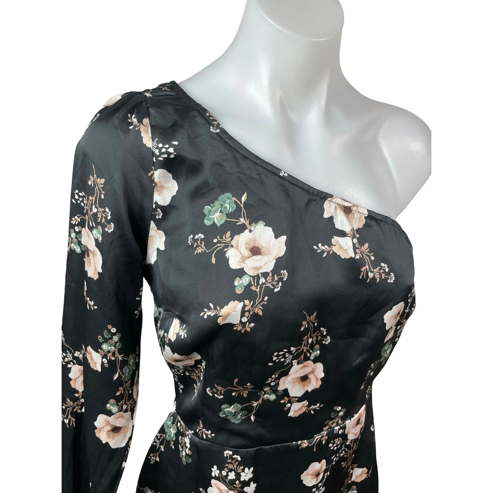 Abercrombie & Fitch Satin Floral One Shoulder Long Sleeve Mini A-Line Dress Sz S - Image 3
