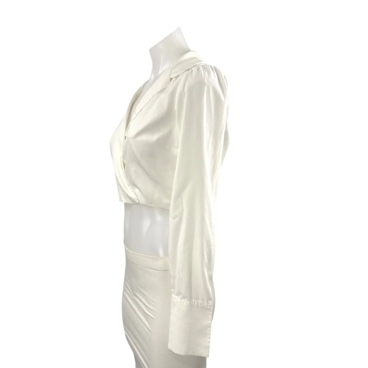 Abercrombie & Fitch Women's White Long Sleeve Tie Faux Wrap Shirt Crop Top XS - Image 2
