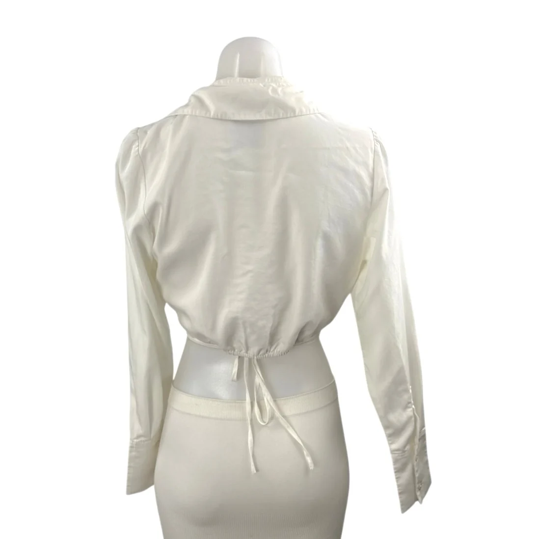 Abercrombie & Fitch Women's White Long Sleeve Tie Faux Wrap Shirt Crop Top XS - Image 3