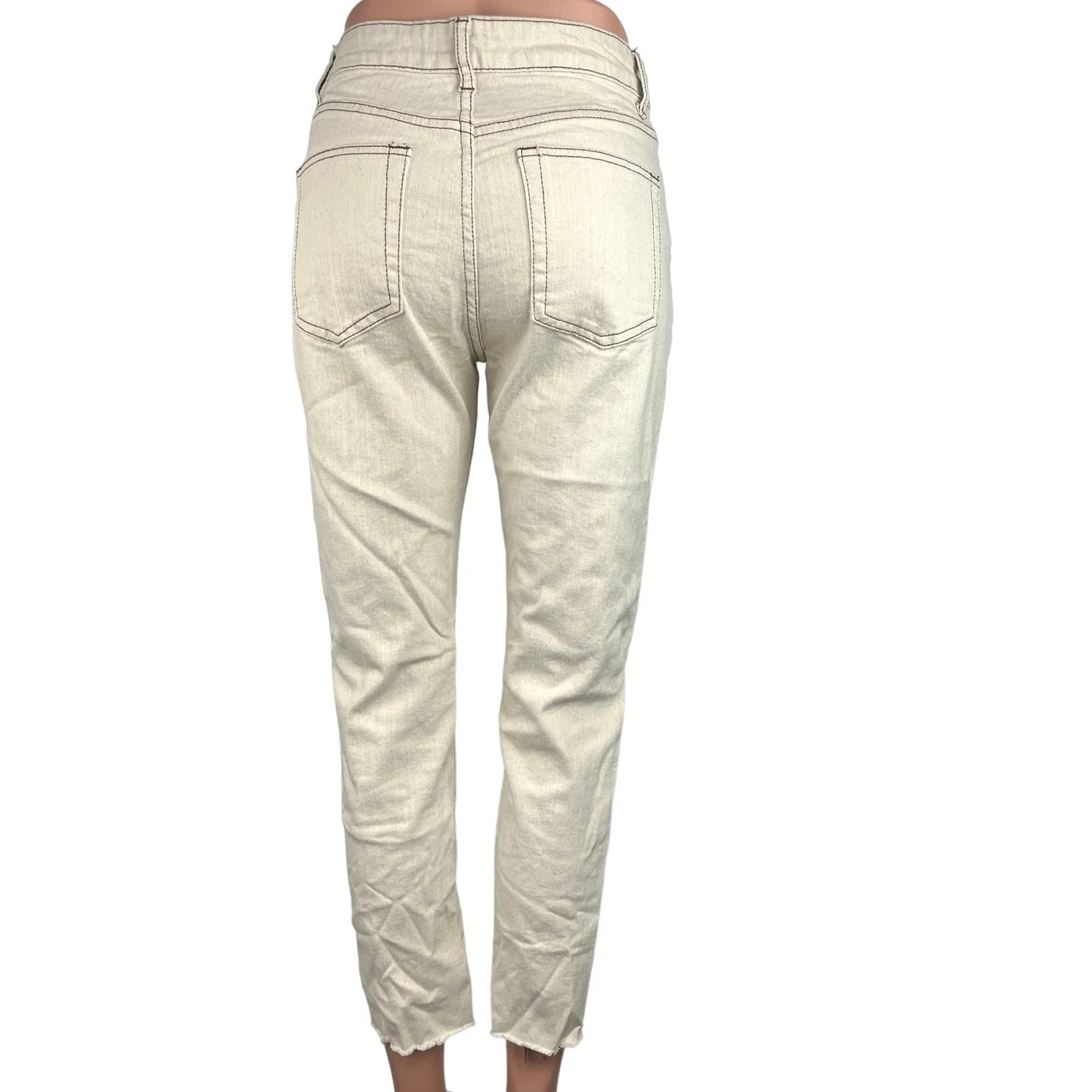 Adika Cream Ivory High Rise 100% Cotton Raw Hem Straight Leg Jeans Size M - Image 3