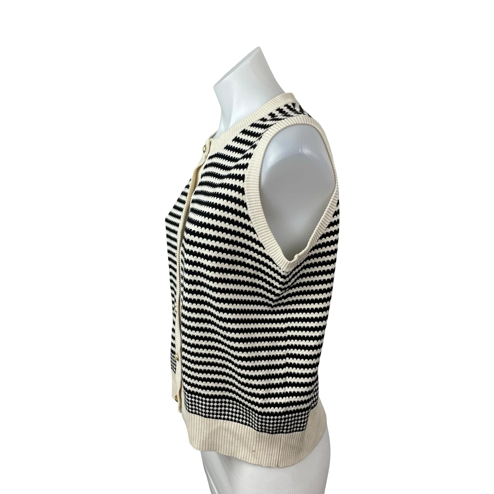 Adrianna Papell Cream Black Striped Knit Sleeveless Button Up Cardigan Sweater M - Image 2