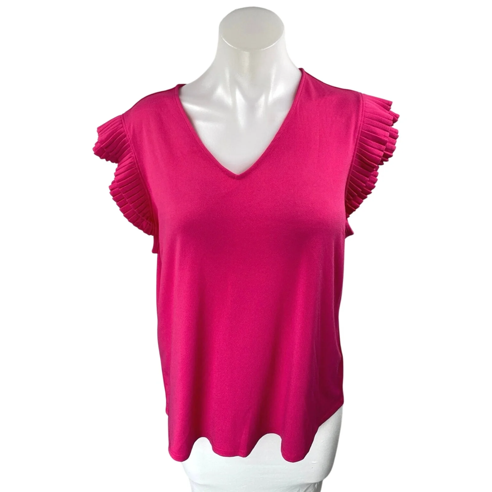 Adrianna Papell Women's Pink Ruffle Sleeve V Neck Knit Pullover Blouse Top Sz L