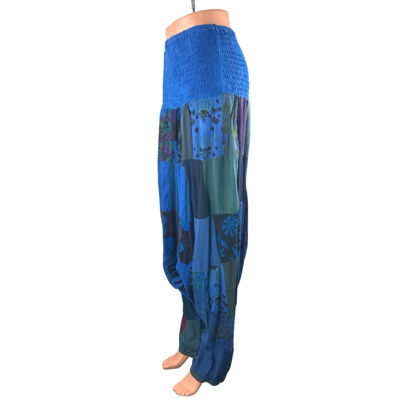Advance Women's Blue Patchwork Floral Smocked Boho Hippie Harem Pants Size OS - Image 2