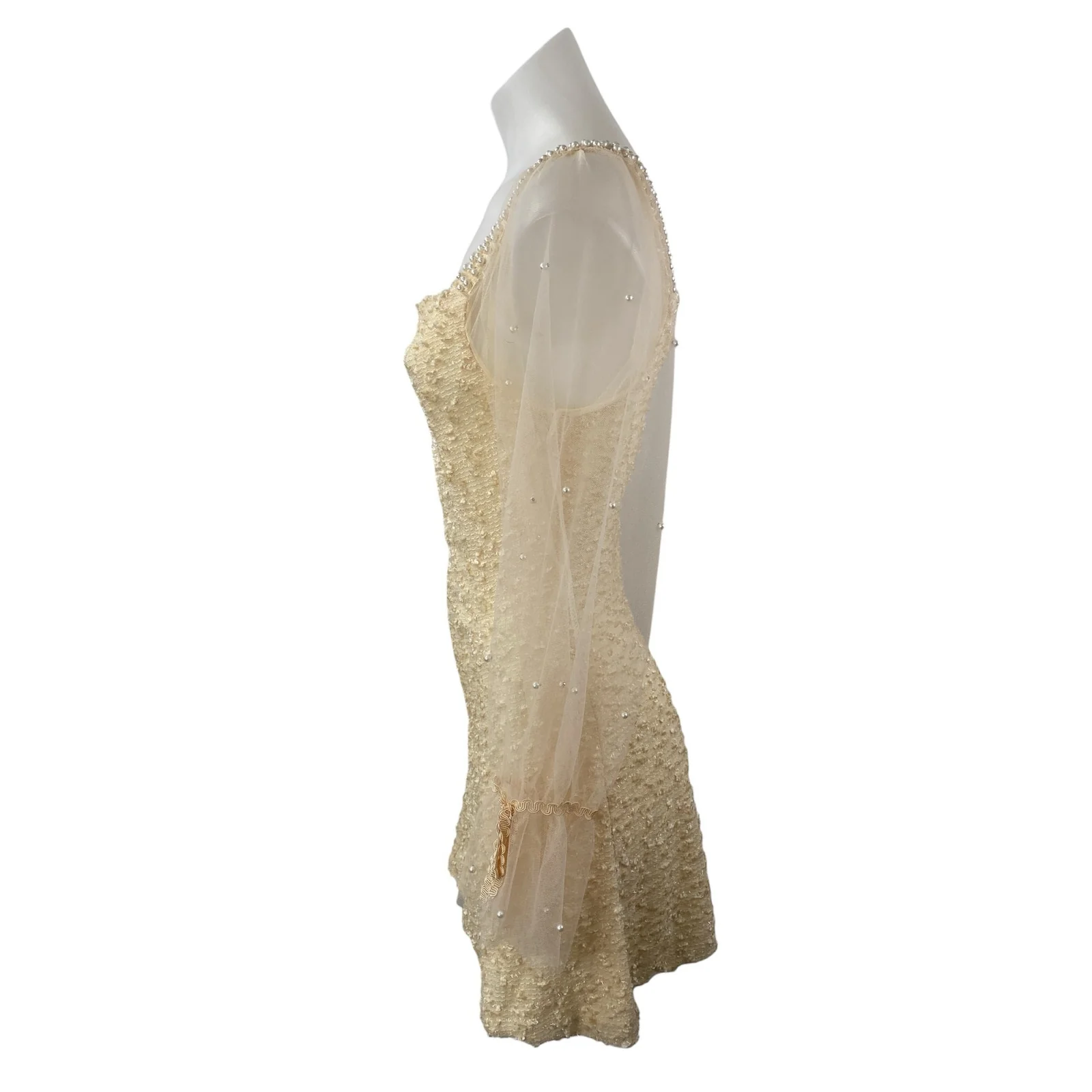 Ailunma Women's Beige Cream Long Sleeve Mesh Beaded A Line Mini Dress Size S - Image 3