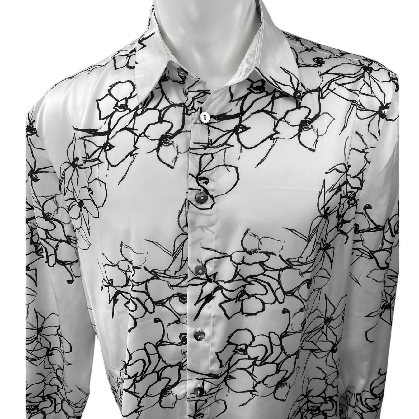 Akings Men's White Silky Satin Floral Print Long Sleeve Button Down Shirt Top L - Image 3