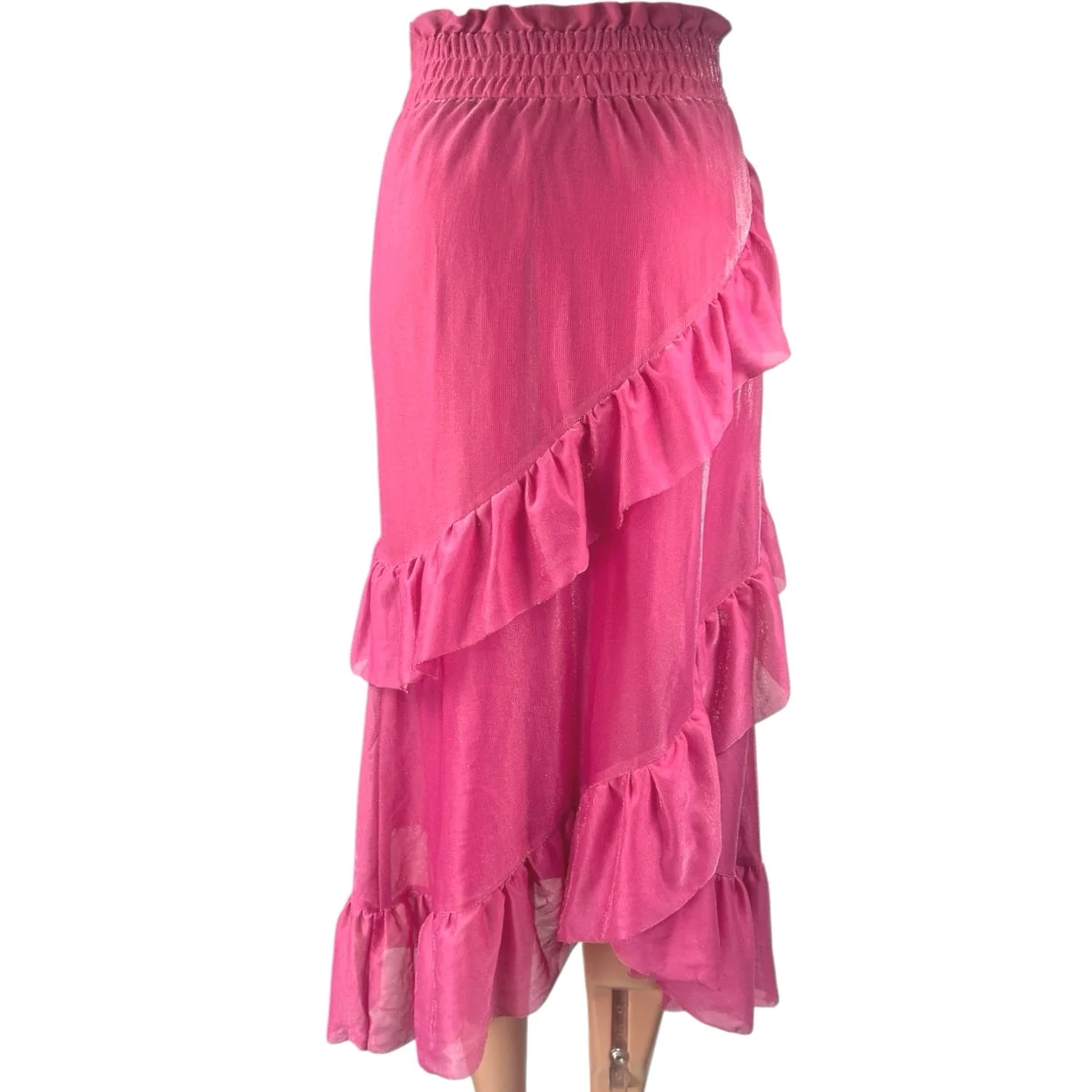 Alamour Pink Ruffle Tiered Elastic Waist Asymmetrical Midi A-Line Skirt Size XS - Image 3