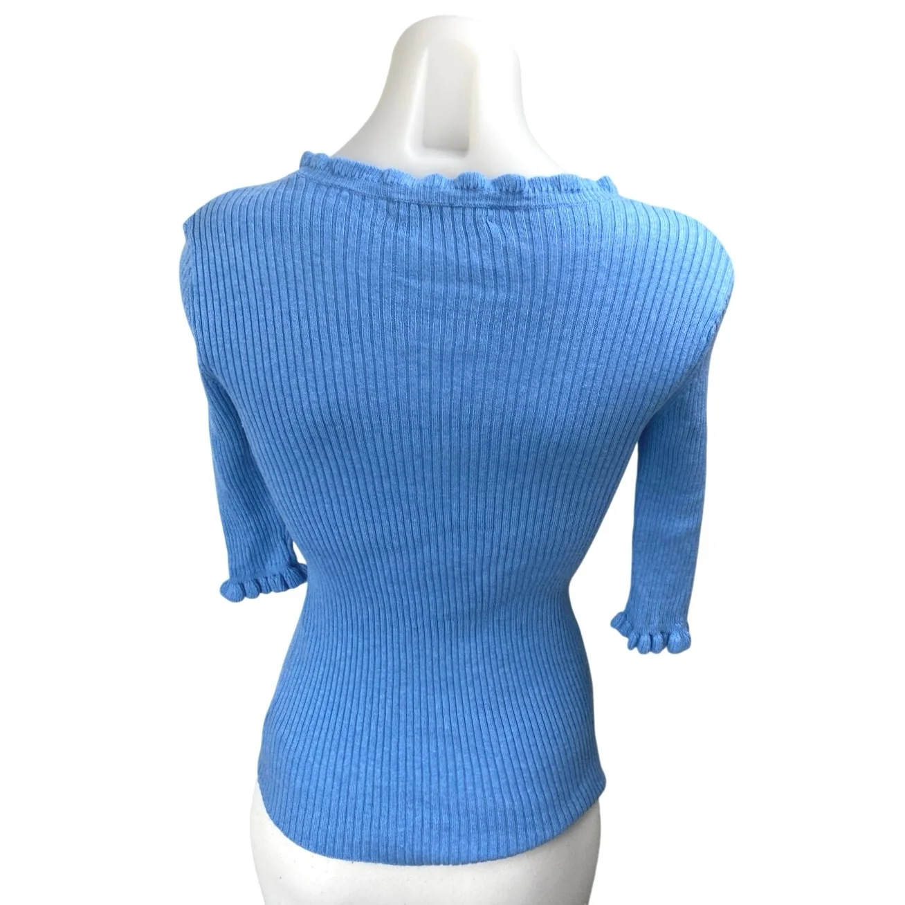 Alashan Women's Blue Cashmere Ribbed Knit Half Sleeve Ruffle Sweater Top Size S - Image 2