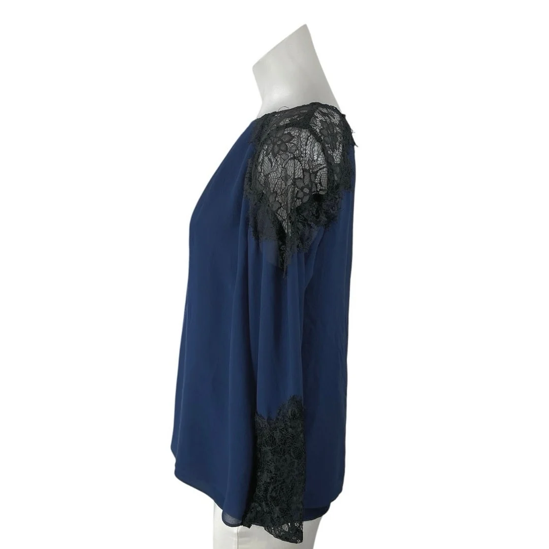 Alice + Olivia 100% Silk Sheer Mesh Lace Trim Pleated Long Sleeve Blouse Top SP - Image 2