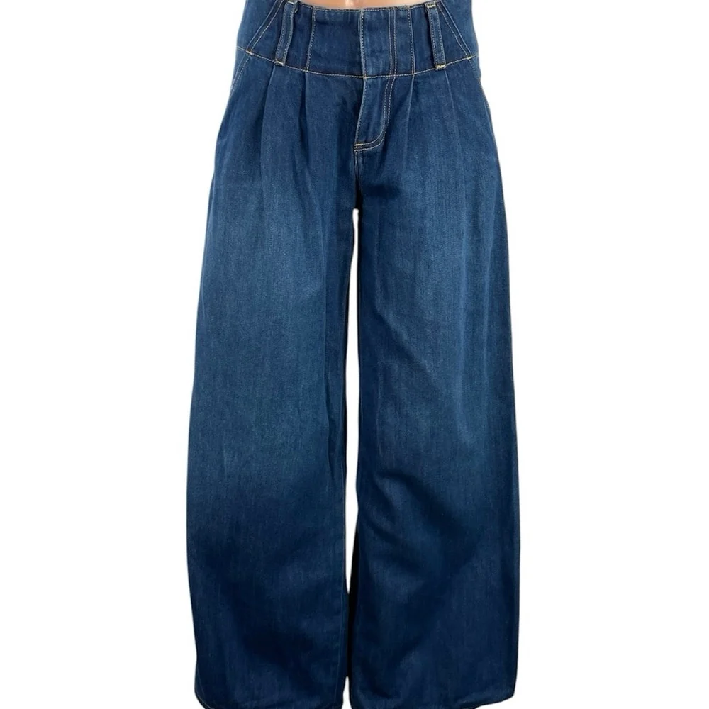 Alice + Olivia Blue Pleated Palazzo Baggy Wide Leg High Rise Denim Jeans Sz 24 - Image 4