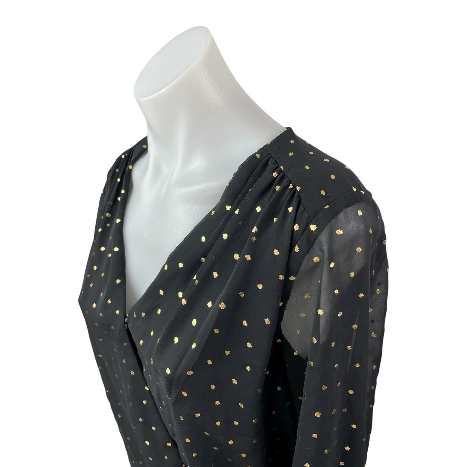 All in Favor Black Metallic Dot Sheer Mesh Long Sleeve Wrap Bodysuit Top Size S - Image 2