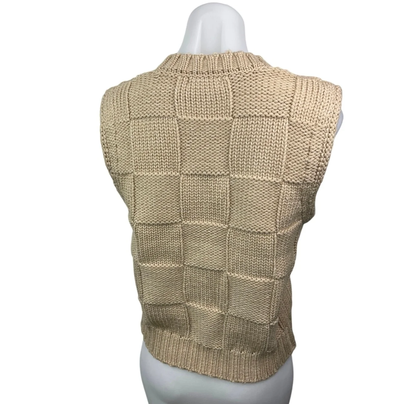 All Row Beige V-neck Checkered Plaid Crochet Knitted Sweater Vest Tank Top Sz S - Image 2
