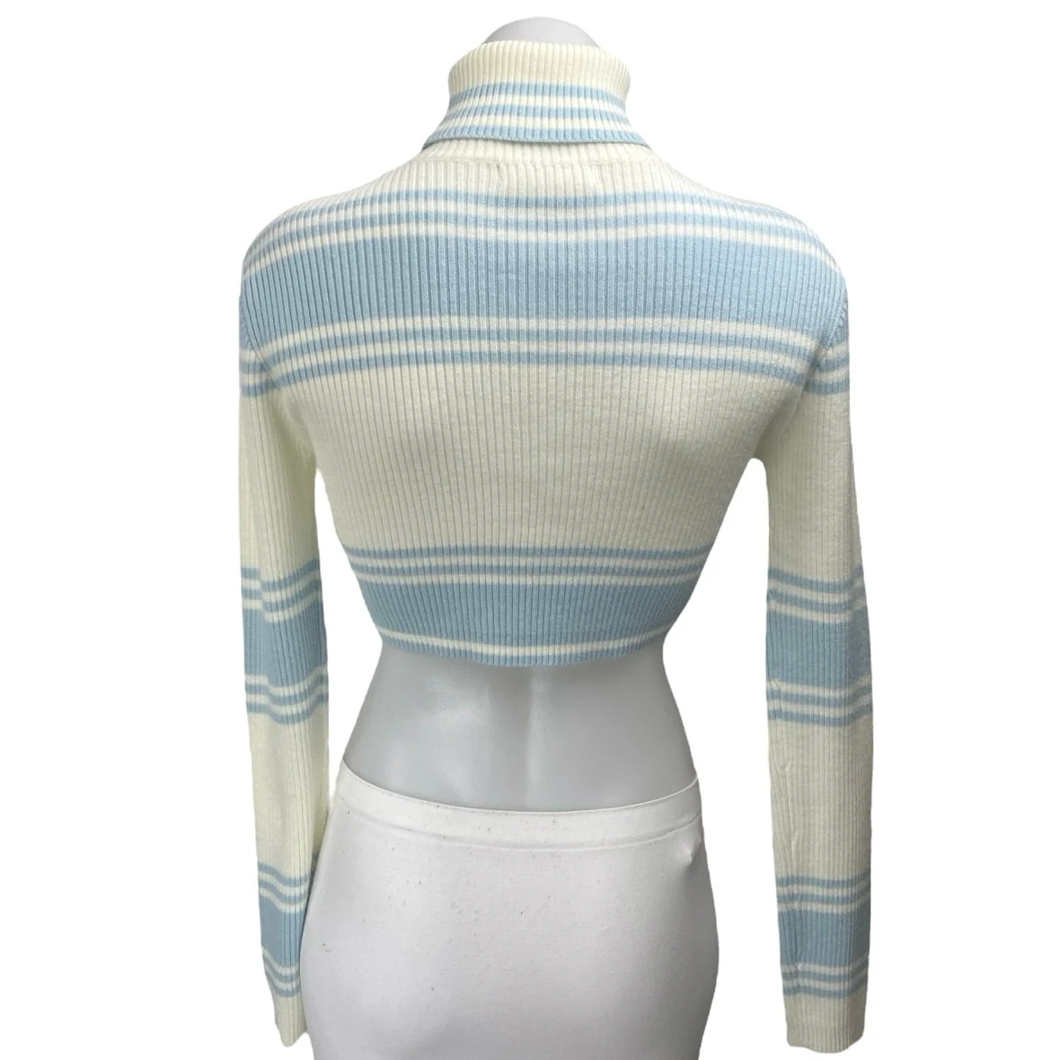 All The Ways Blue Striped Rib Knit Long Sleeve Turtleneck Crop Sweater Top Sz XS - Image 2