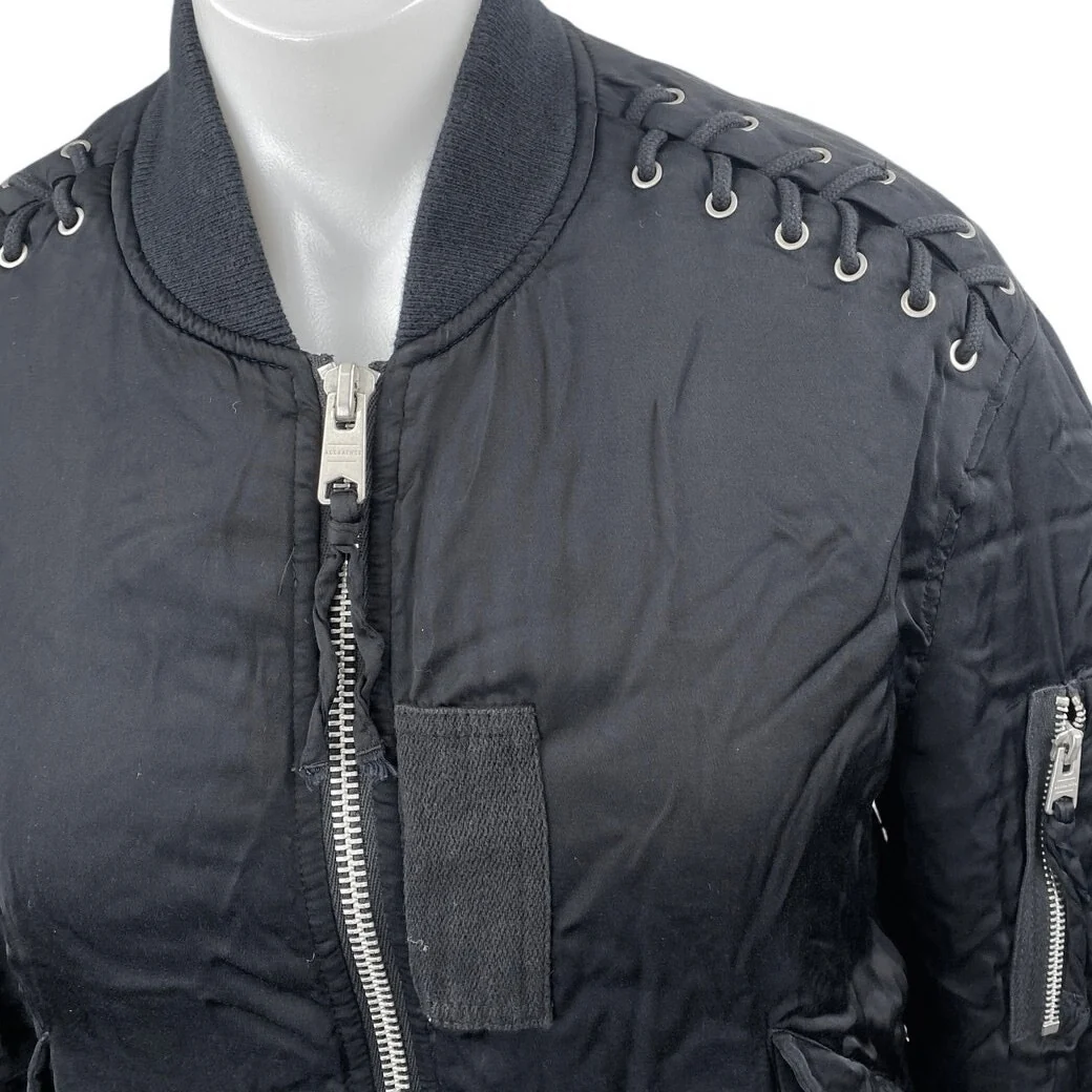 AllSaints Bree Women's Black Laced Up Full Zip Long Sleeve Bomber Coat Jacket M - Image 4