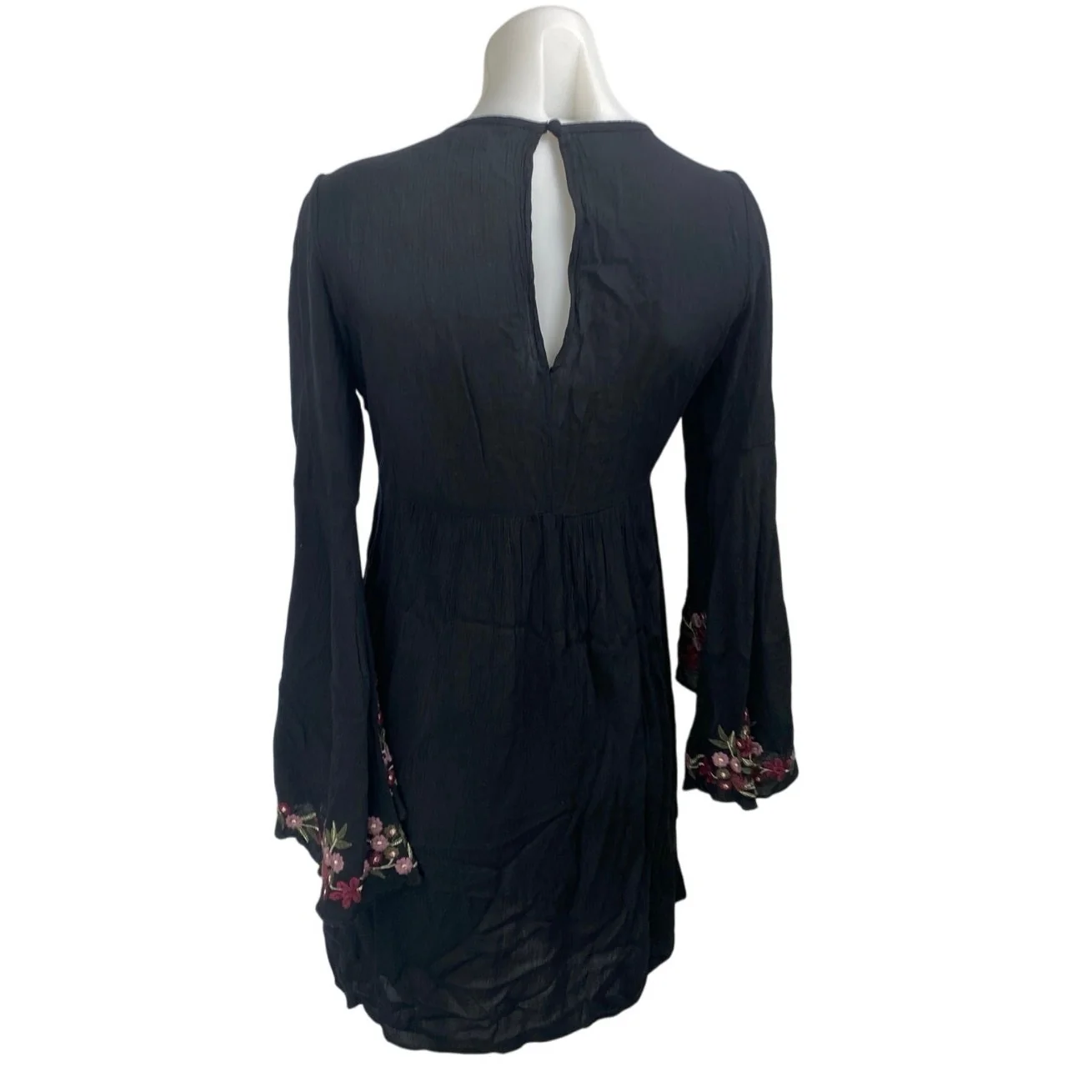American Eagle Black Floral Embroidered Long Sleeve Cut Out A Line Mini Dress XS - Image 2