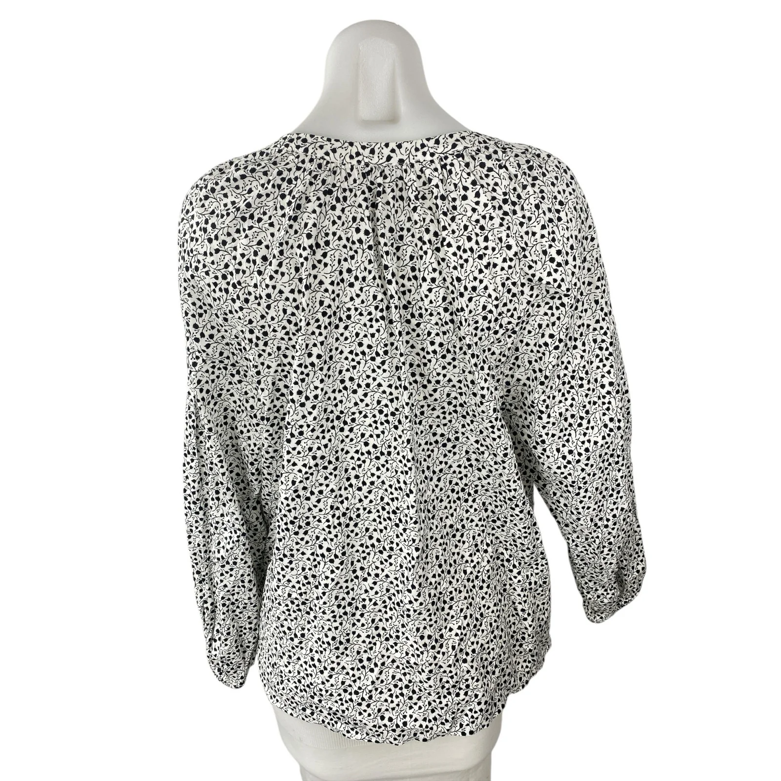 Ann Taylor Loft Black White Floral Tie Neck Long Sleeve Peasant Blouse Top Sz L - Image 4
