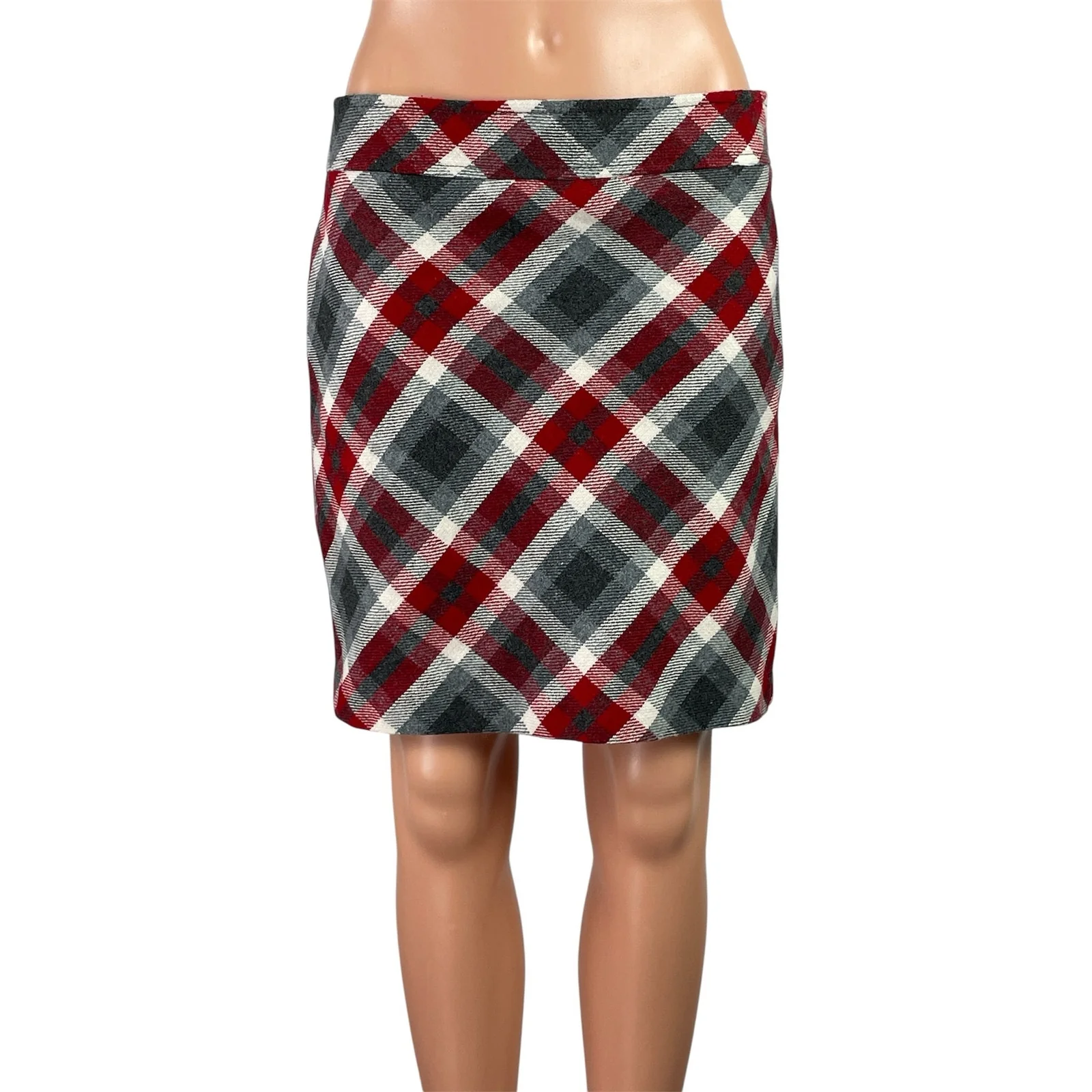 Ann Taylor LOFT Women's Red Plaid Check Zip Straight Pencil Mini Skirt Size 0
