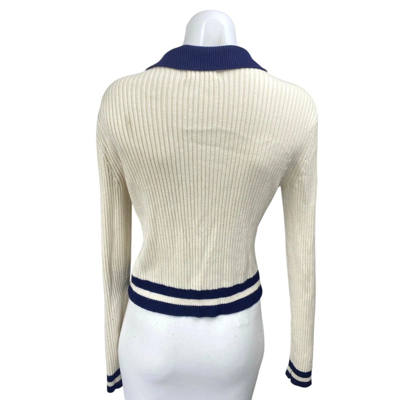 Anthropologie Cream Rib Knit Collar Button Down Long Sleeve Polo Sweater Top XS - Image 2