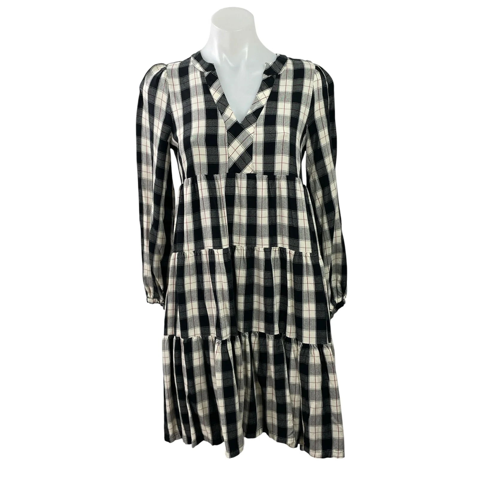 Anthropologie Maeve Amber Black White Plaid Checkered Tiered Tunic Mini Dress XS