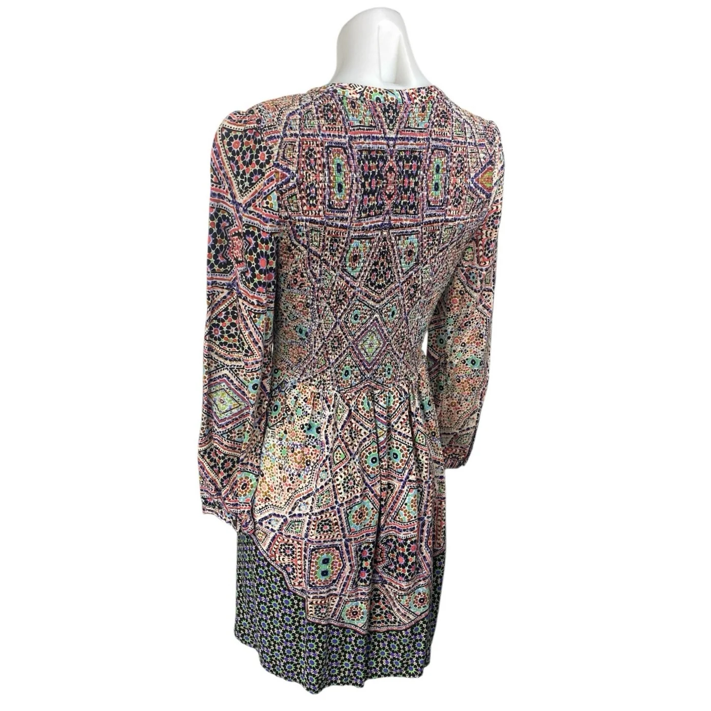 Anthropologie Tiled Amethyst Long Sleeve Geometric Smocked Mini A Line Dress S - Image 2
