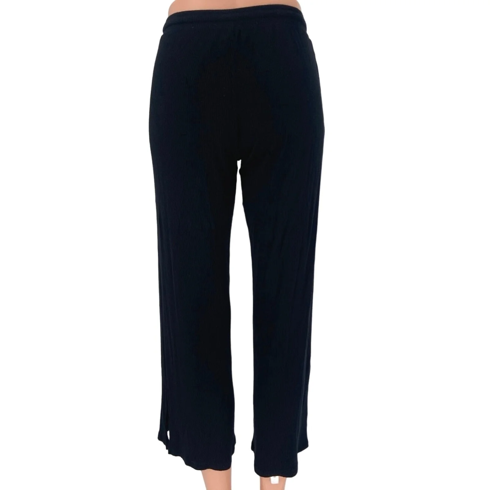 Aqua Black Ribbed Mid Rise Drawstring Cropped Relaxed Cozy Lounge Pants Size S - Image 3