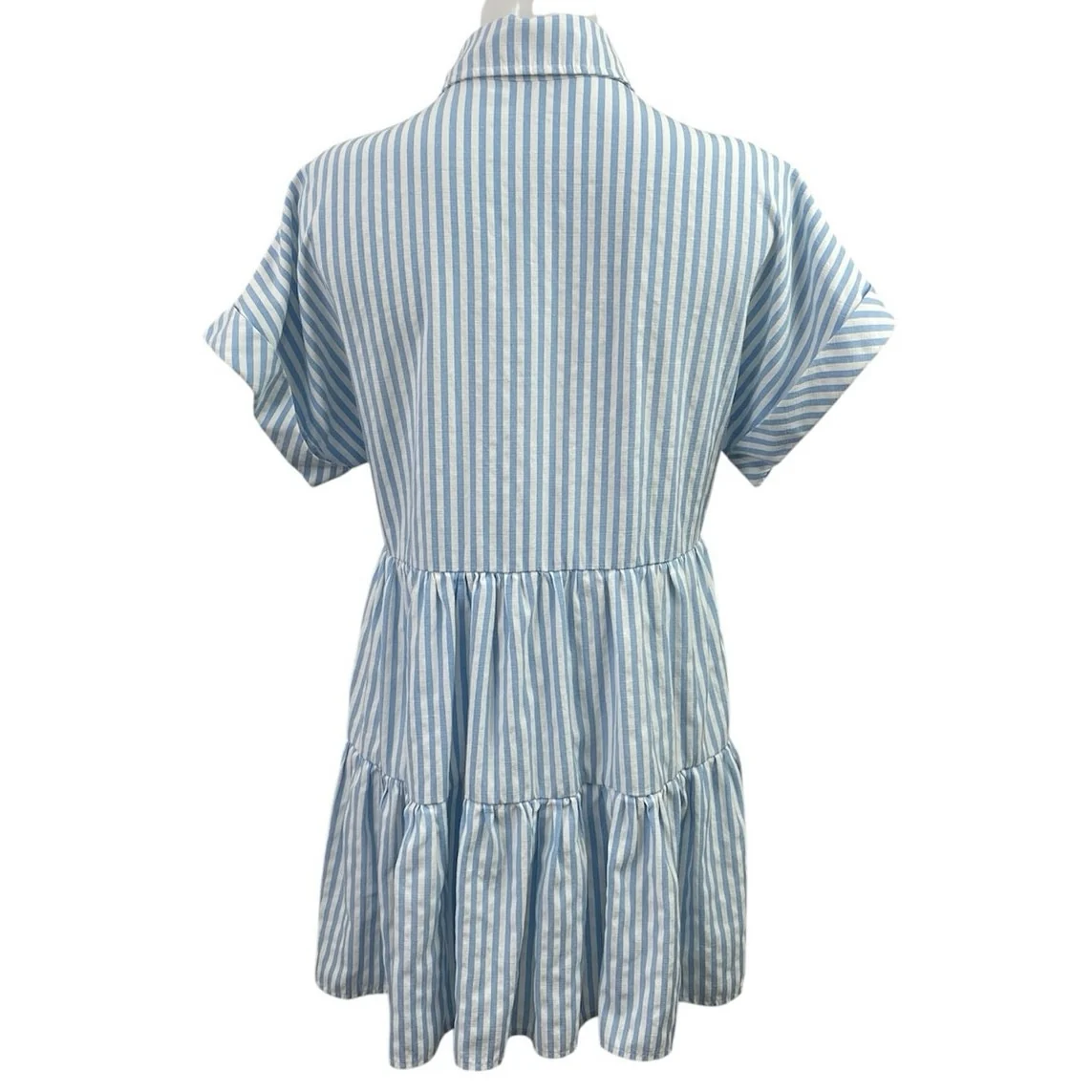 Aqua Blue Stripe Collared Short Sleeve Button Up Mini Flare A-Line Shirt Dress S - Image 3