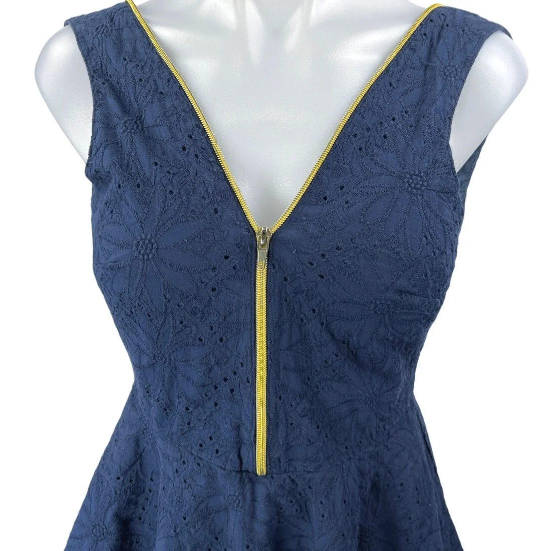 Ark & Co Navy Blue Yellow Zip Up Floral Embroidered Pleated Mini A Line Dress S - Image 3