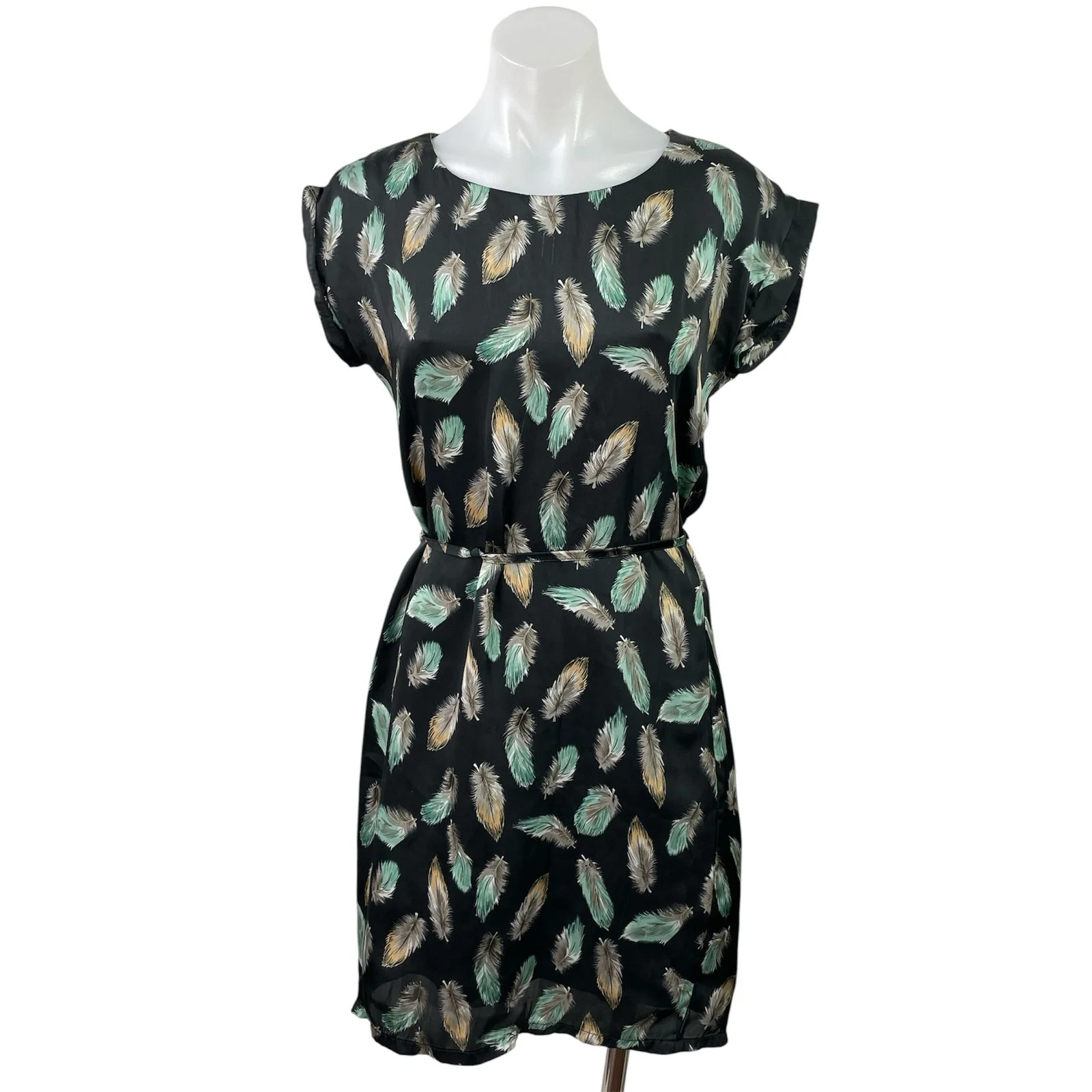 ARW 51 NYC Black Feather Short Sleeve Graphic Tie Waist A Line Mini Dress Size 4
