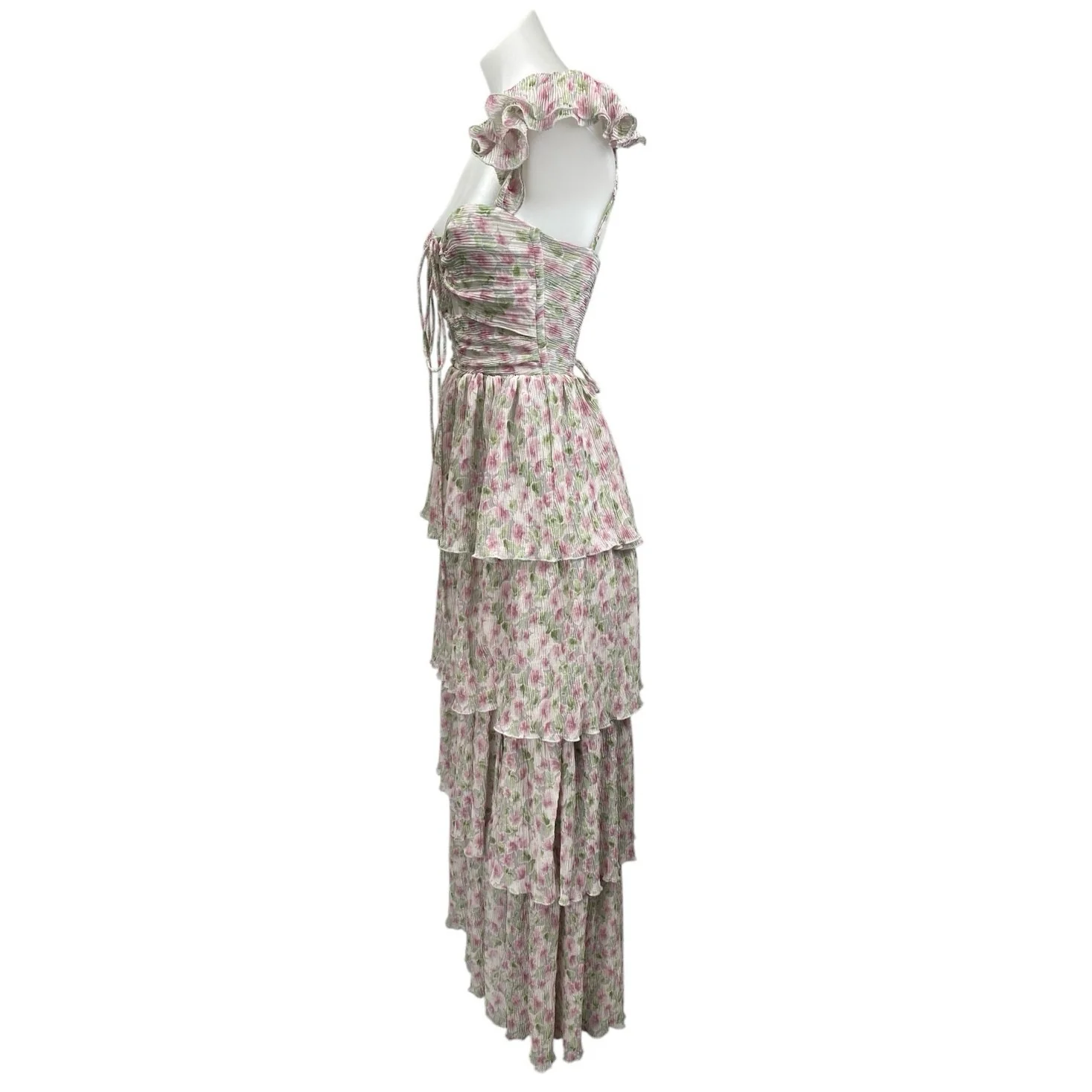 ASTR The Label Emmeline Pink Green Cutout Ruffle Floral Tiered Maxi Dress Sz XS - Image 2