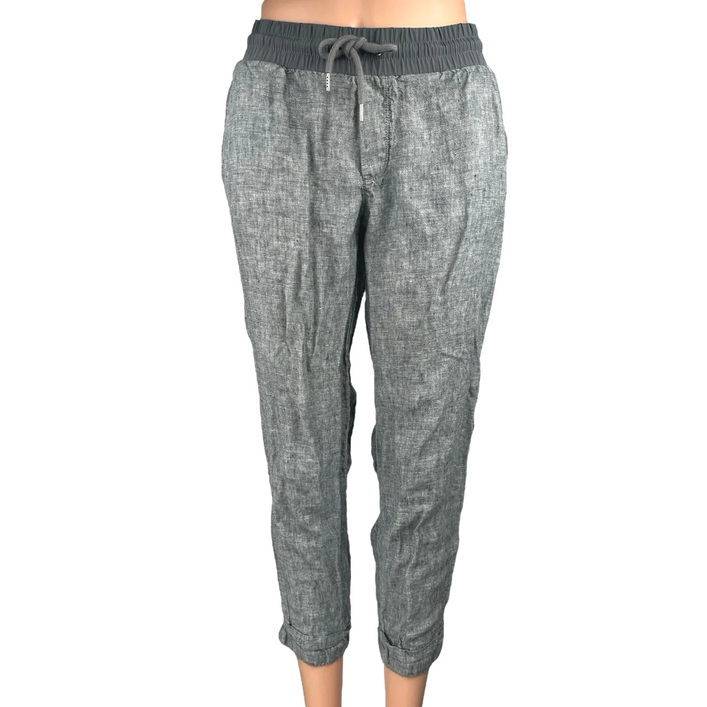 Athleta Bali 100% Linen Gray Straight Tapered Drawstring Ankle Trousers Pants 8