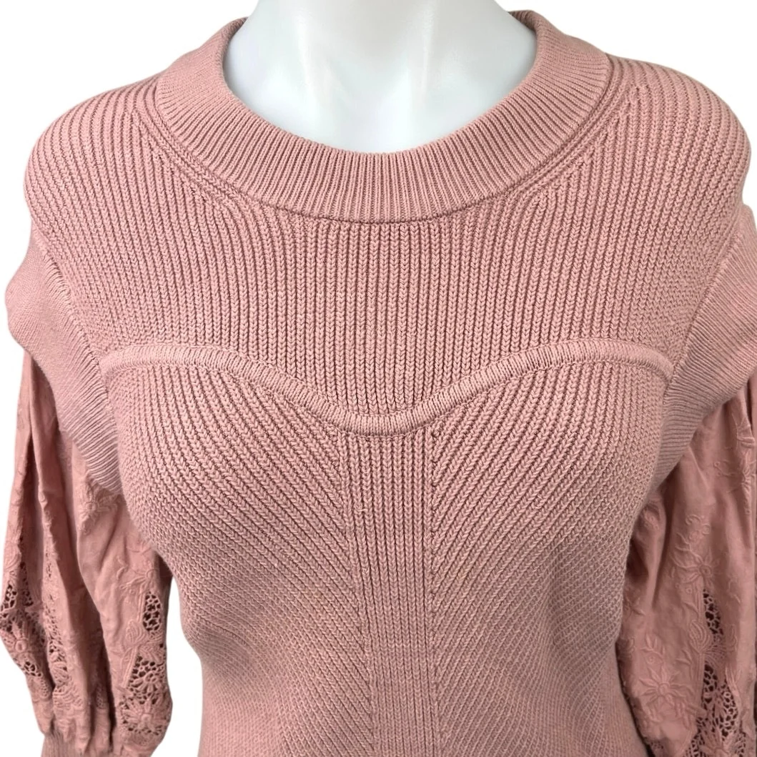ba&sh Samoa Pink Embroidered Knit Lace Puff Sleeve Crew Sweater Blouse Top Sz 1 - Image 3