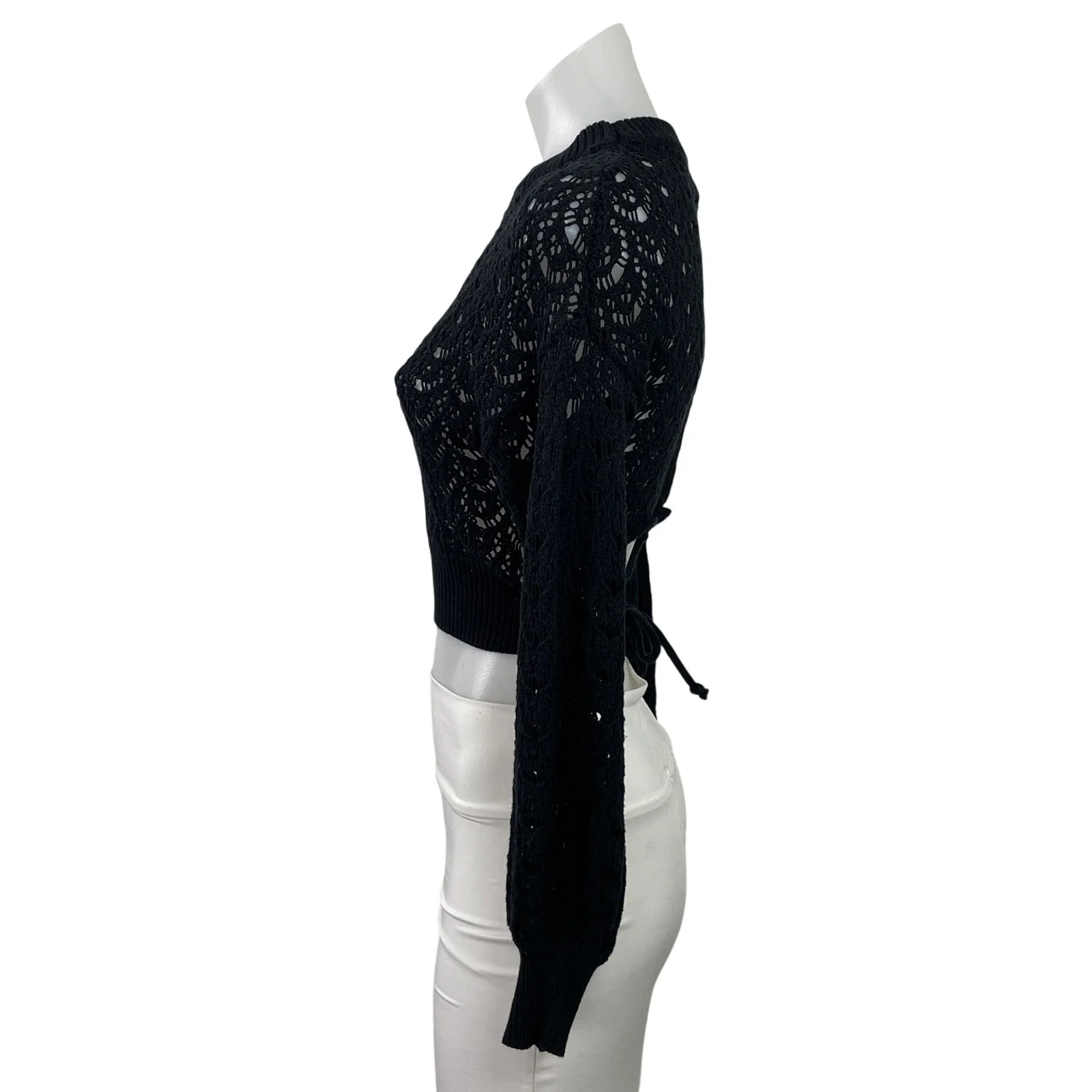 Balboa Women's Black Crochet Knit Sheer Long Sleeve Tie Back Crop Top Size M - Image 2