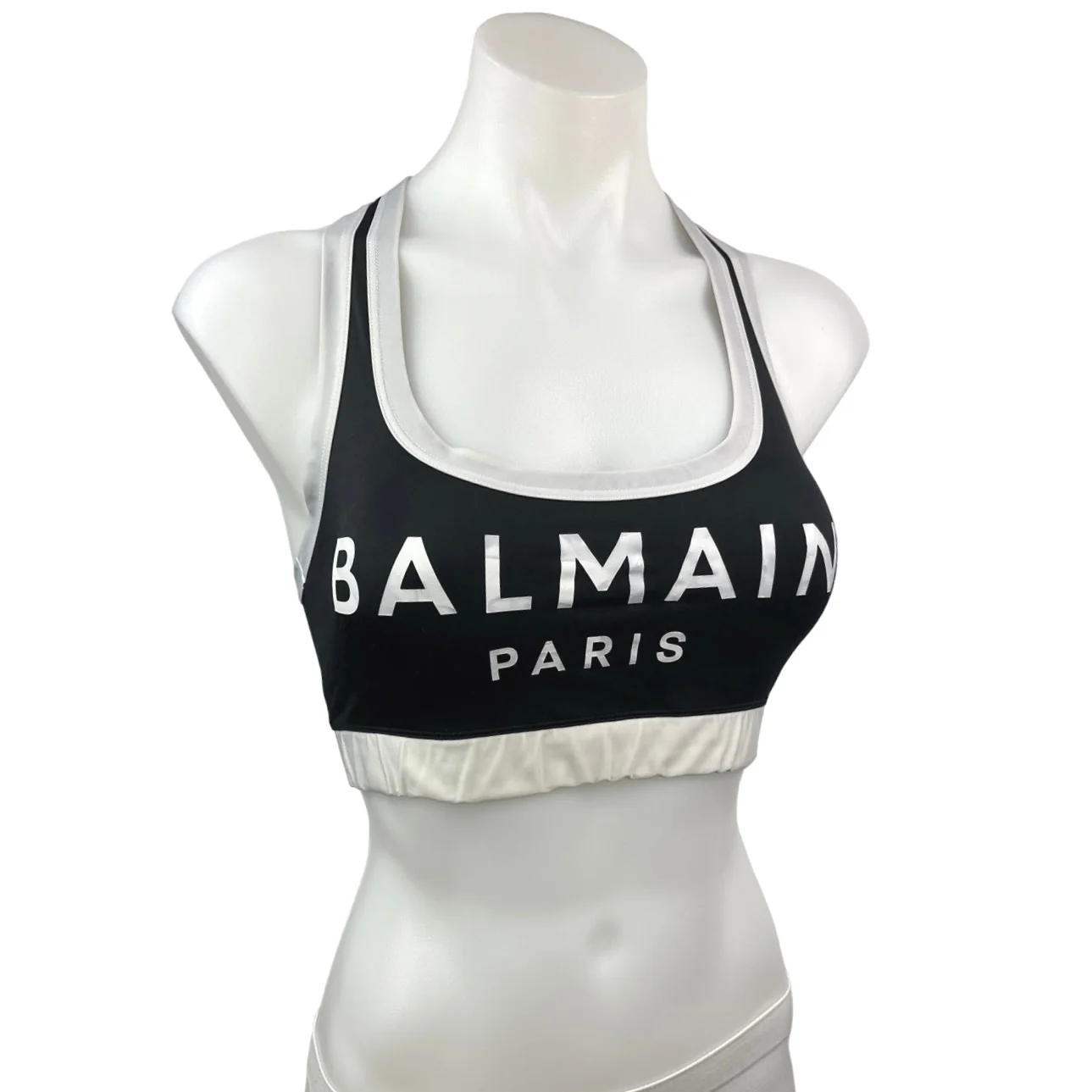 Balmain Paris Black White Logo Lycra Print Racerback Sports Bra Crop Top Size 6