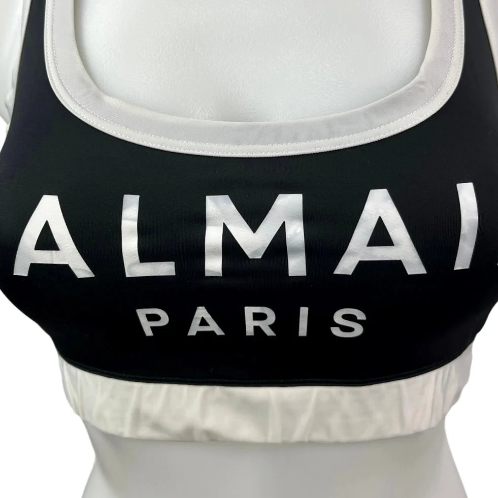 Balmain Paris Black White Logo Lycra Print Racerback Sports Bra Crop Top Size 6 - Image 6