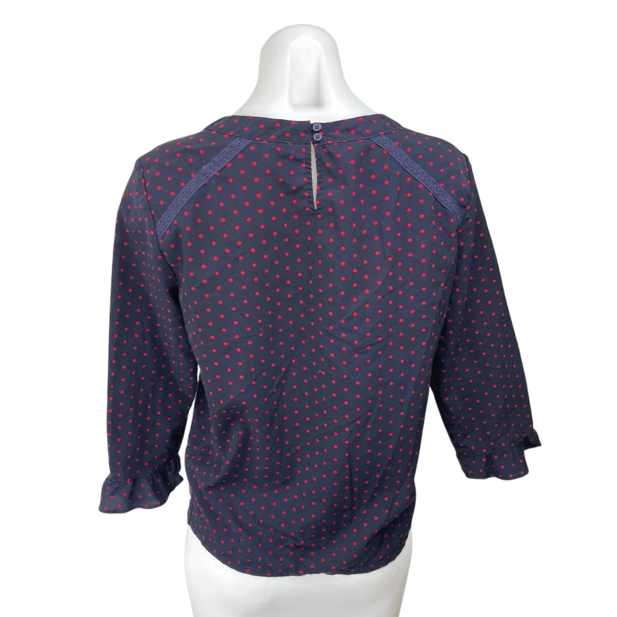 Banana Republic Blue Red Polka Dots Lace Trim 3/4 Sleeve Blouse Top Size S - Image 2