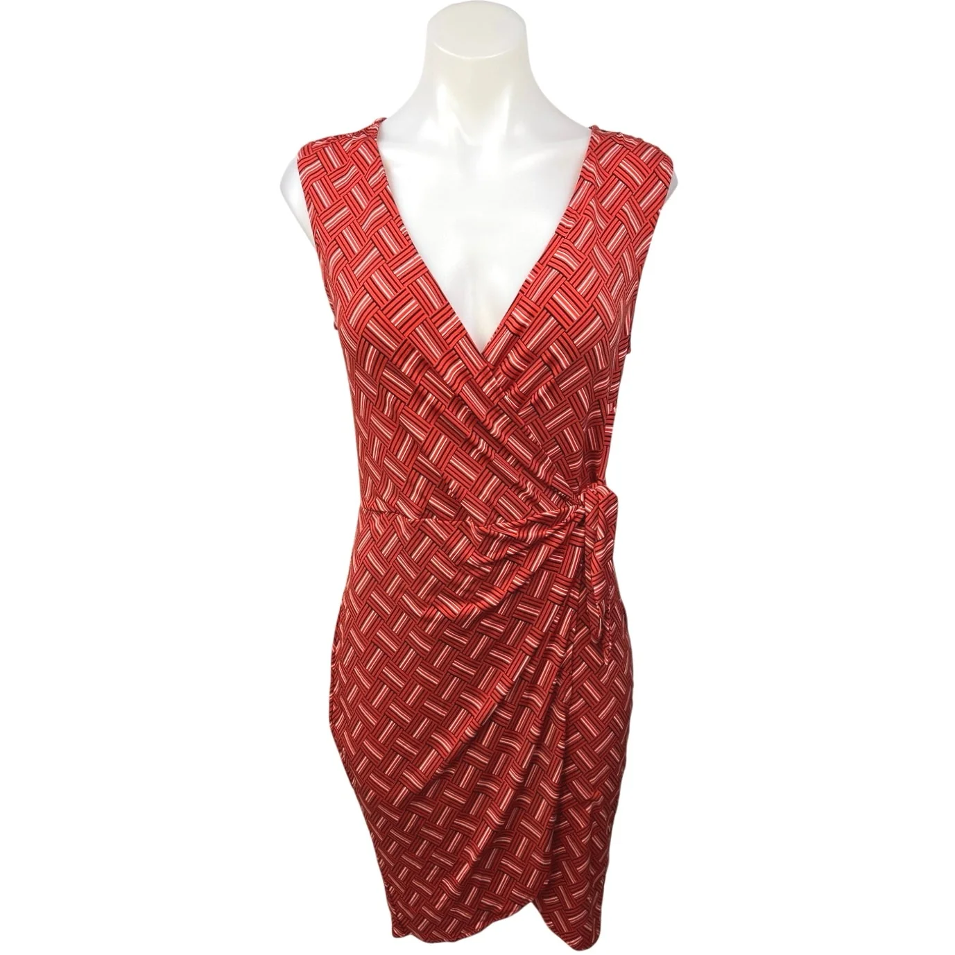 Banana Republic Red Sleeveless Deep V Printed Lines Mini Wrap Dress Size XS
