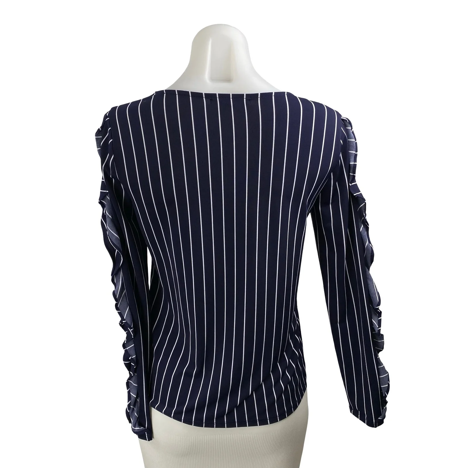 Banana Republic Women's Navy Blue Striped Ruffle Long Sleeve Blouse Top Size XS - Image 4
