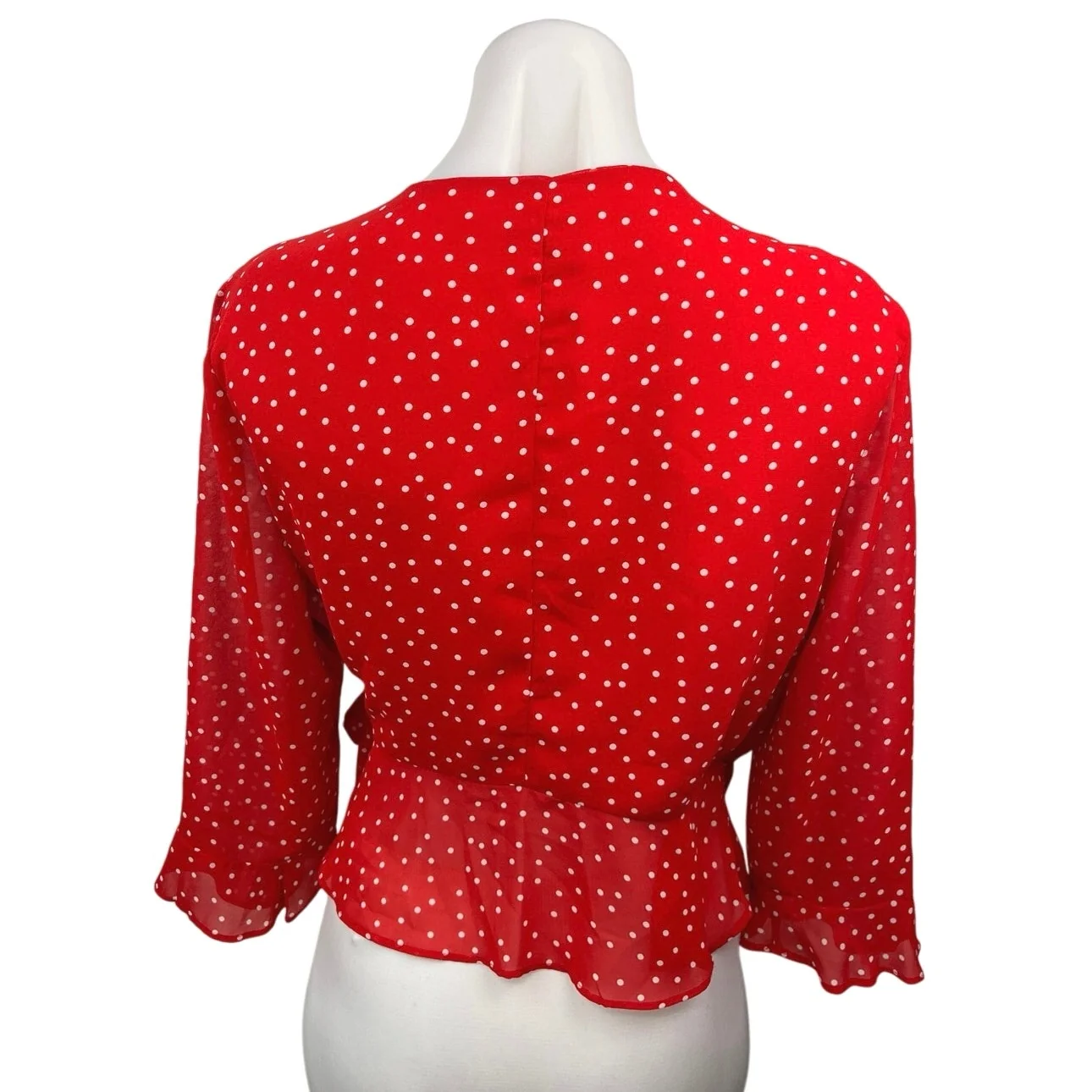 Bardot Red Polka Dots Ruffle V-neck Tie Waist 3/4 Sleeve Wrap Blouse Top Size L - Image 4
