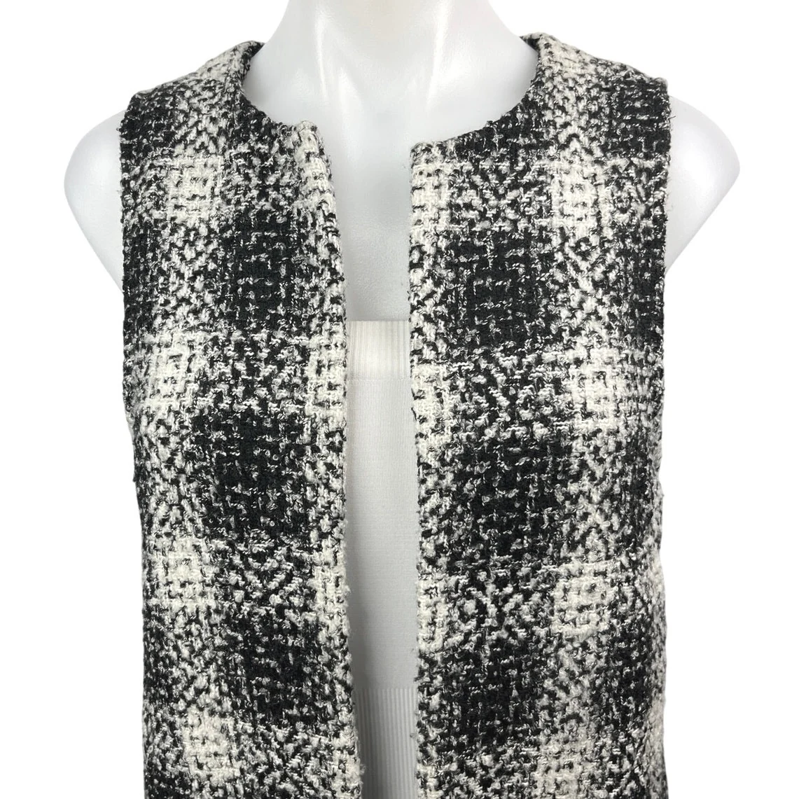 BCBGeneration Black White Plaid Sleeveless Midi Cardigan Coat Jacket Size S - Image 3