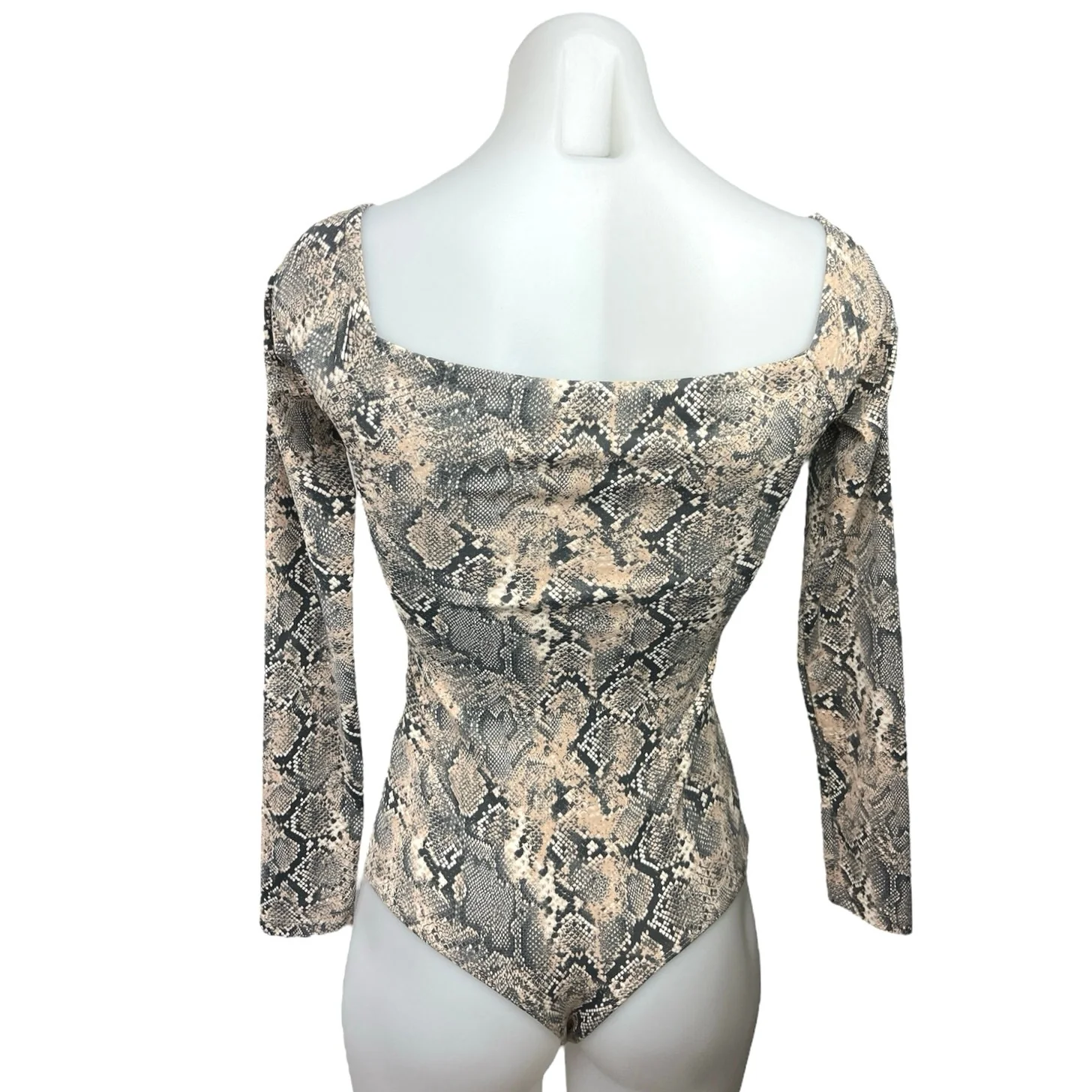 Bershka Gray Beige Snakeskin Square Neck Stretch Long Sleeve Bodysuit Top Size M - Image 2