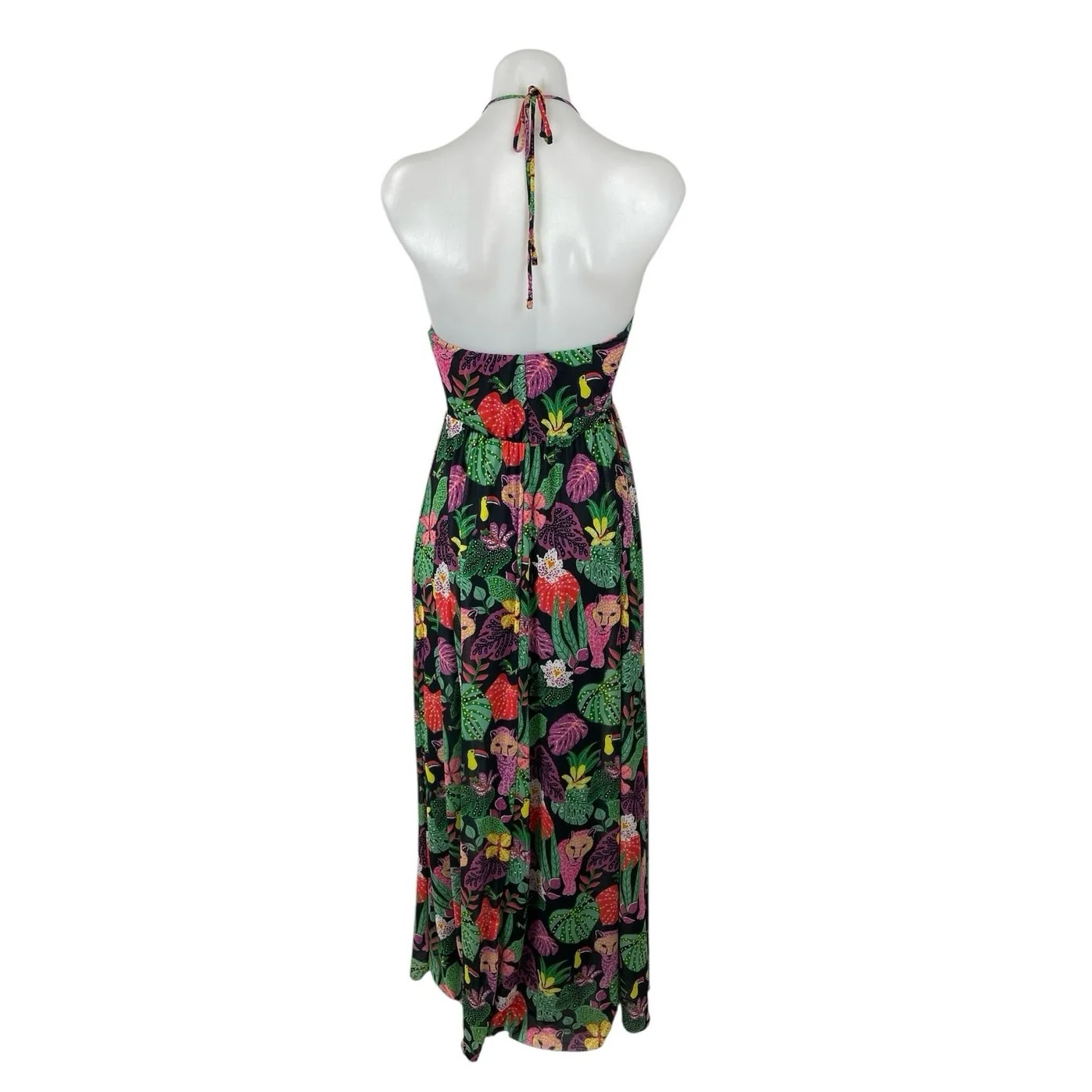 Betsy Johnson Paulina Tropical Black Halter V Neck Open Back Maxi Dress Size XS - Image 3
