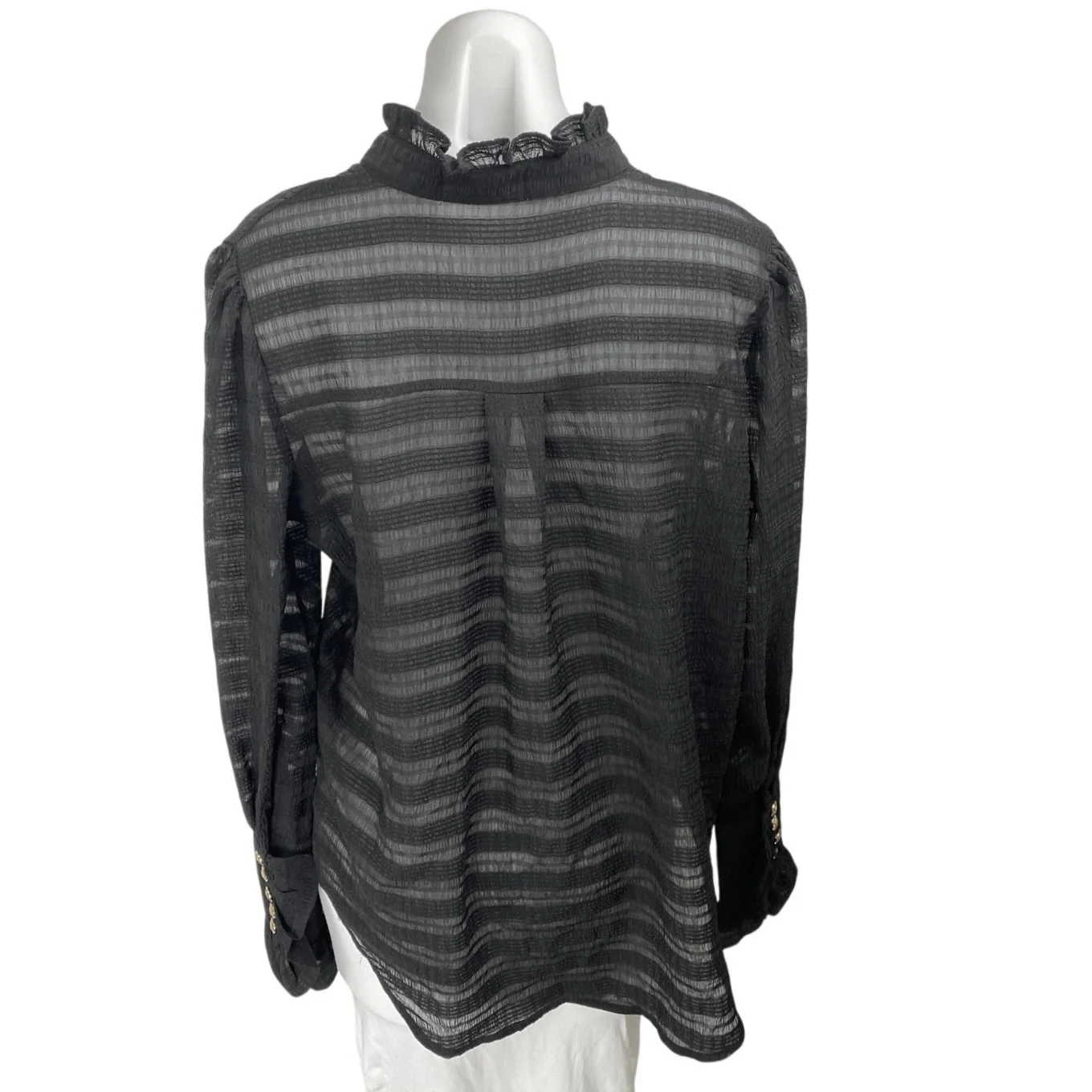 Beulah Black Long Sleeve Striped Mesh Sheer Pintucked Button Up Shirt Top OS - Image 2