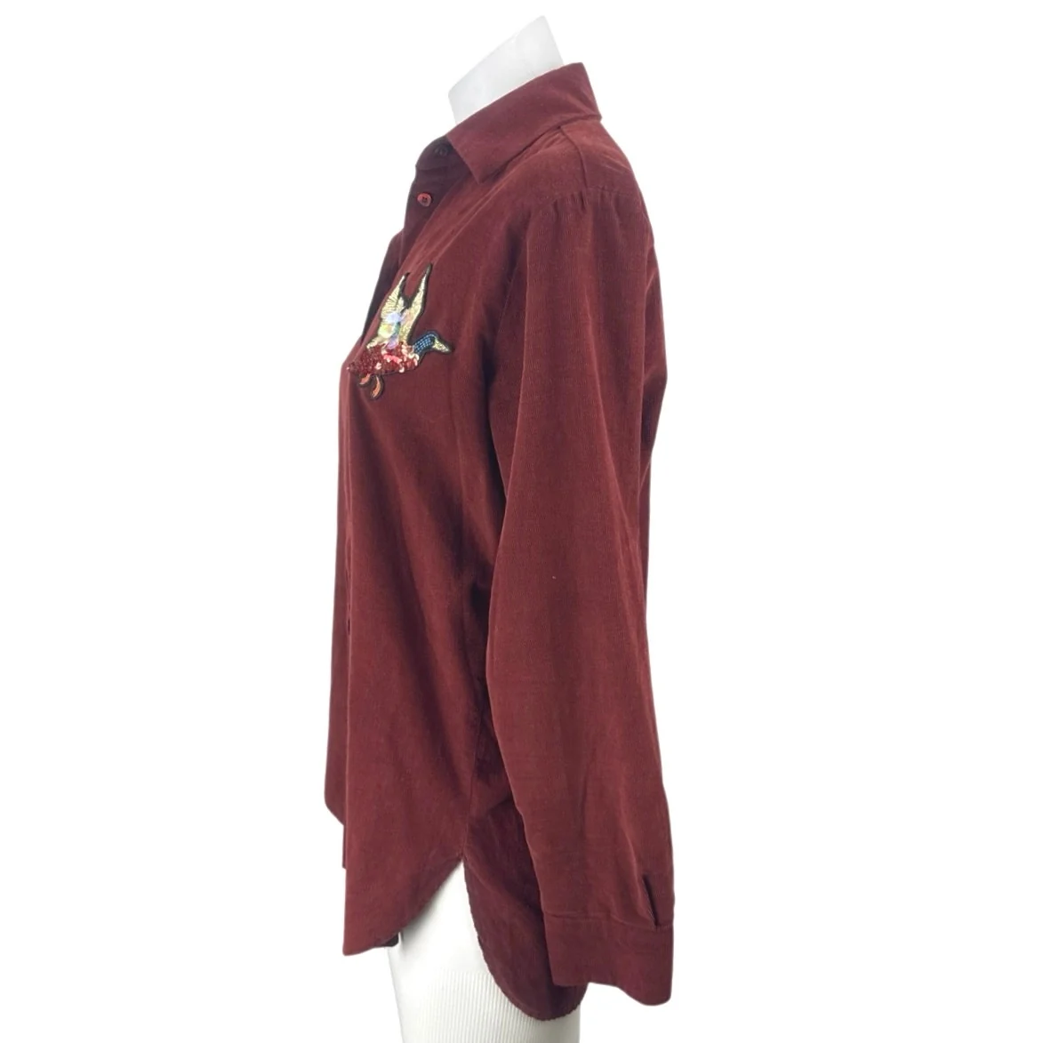 Beymen Club Red Maroon Corduroy Sequin Embroidered Duck Button Up Shirt Size XS - Image 2