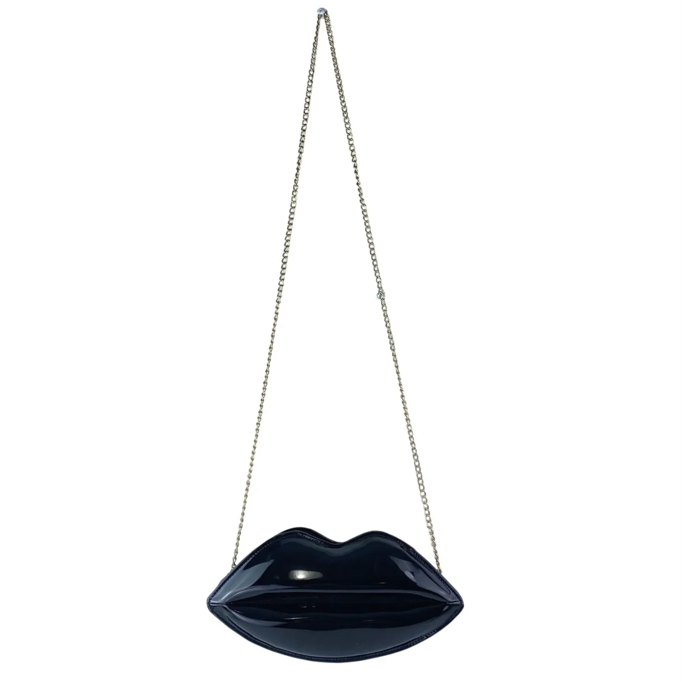 Black Patent Faux Leather Vegan Zip Chain Crossbody Lip Purse Clutch Bag OS - Image 4