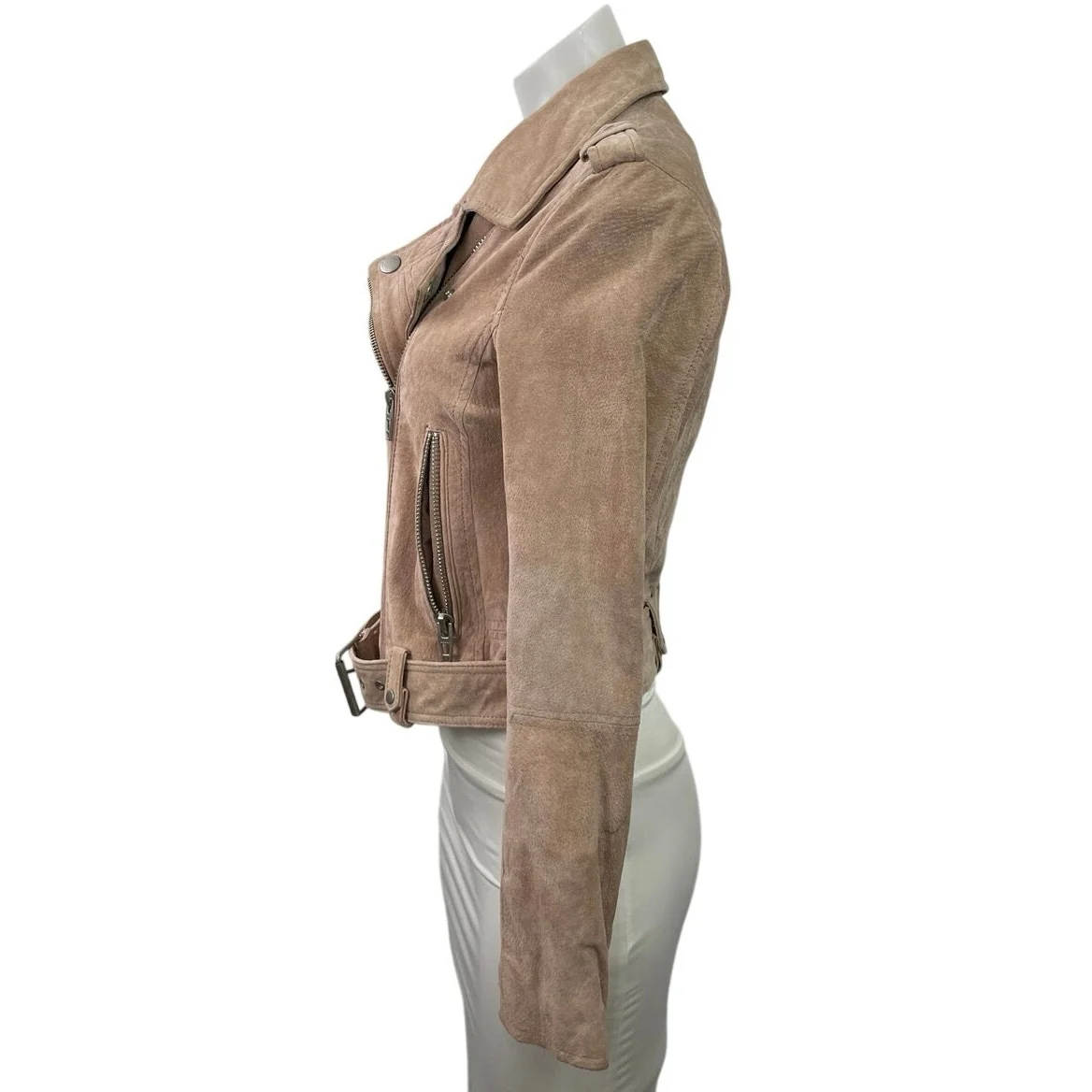 BlankNYC Women's Beige 100% Leather Suede Zip Cropped Biker Moto Jacket Size S - Image 2