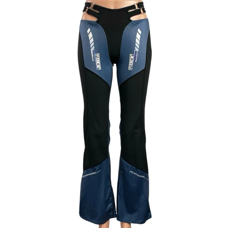 Blue Black Cutout Mid Waist Y2k 90s Flared Tight Colorblock Trousers Pants Sz XS - Image 4